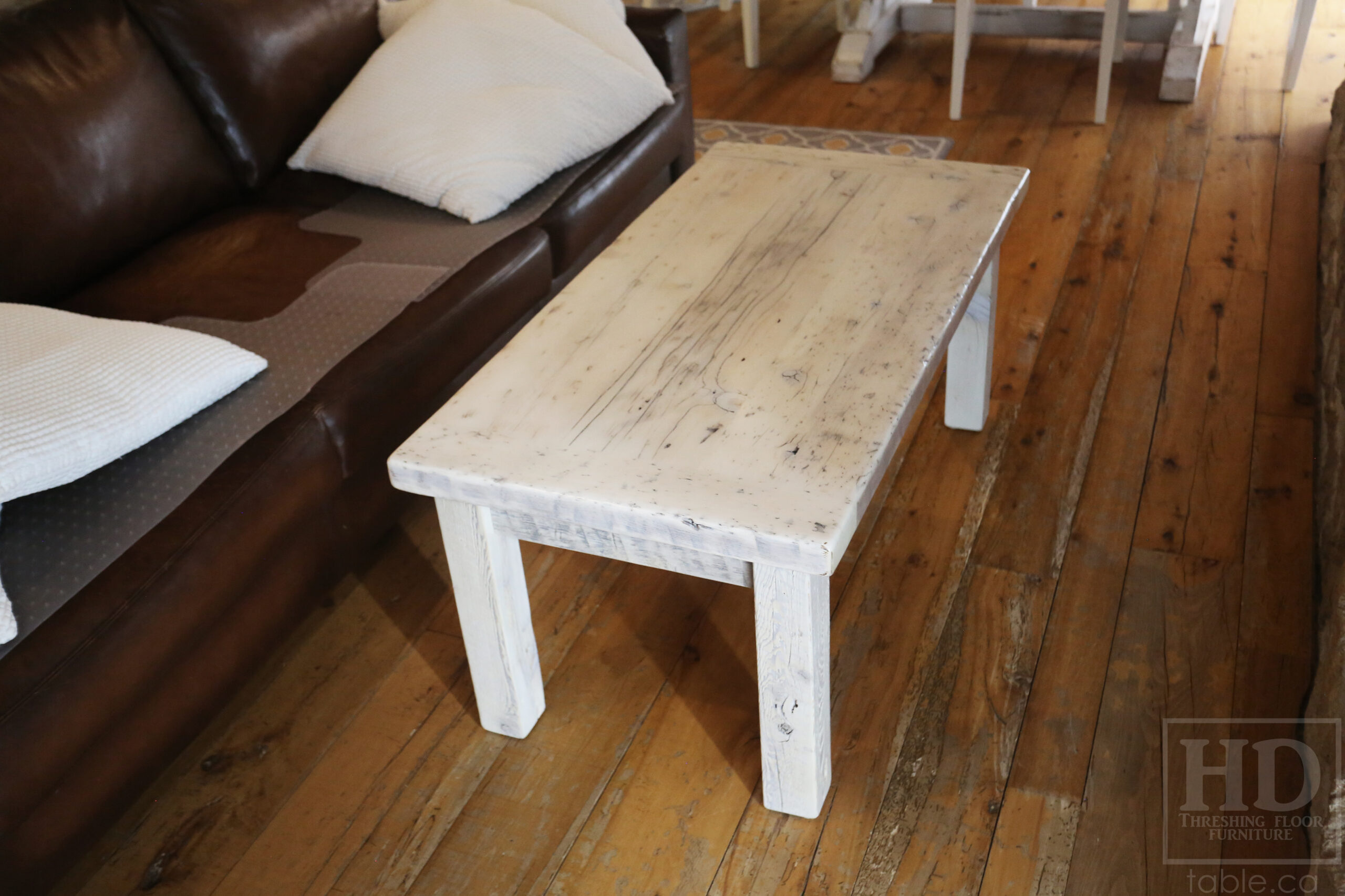 47â€ Ontario Barnwood Coffee Table â€“ 24â€ deep â€“ 20â€ height â€“ Straight 4â€x4â€ Windbrace Beam Legs â€“ Reclaimed Hemlock Threshing Floor & Grainery Board Construction â€“ 24â€ Drawer â€“ Original edges & distressing maintained - Bleached Option - Premium epoxy + satin polyurethane finish â€“ www.table.ca