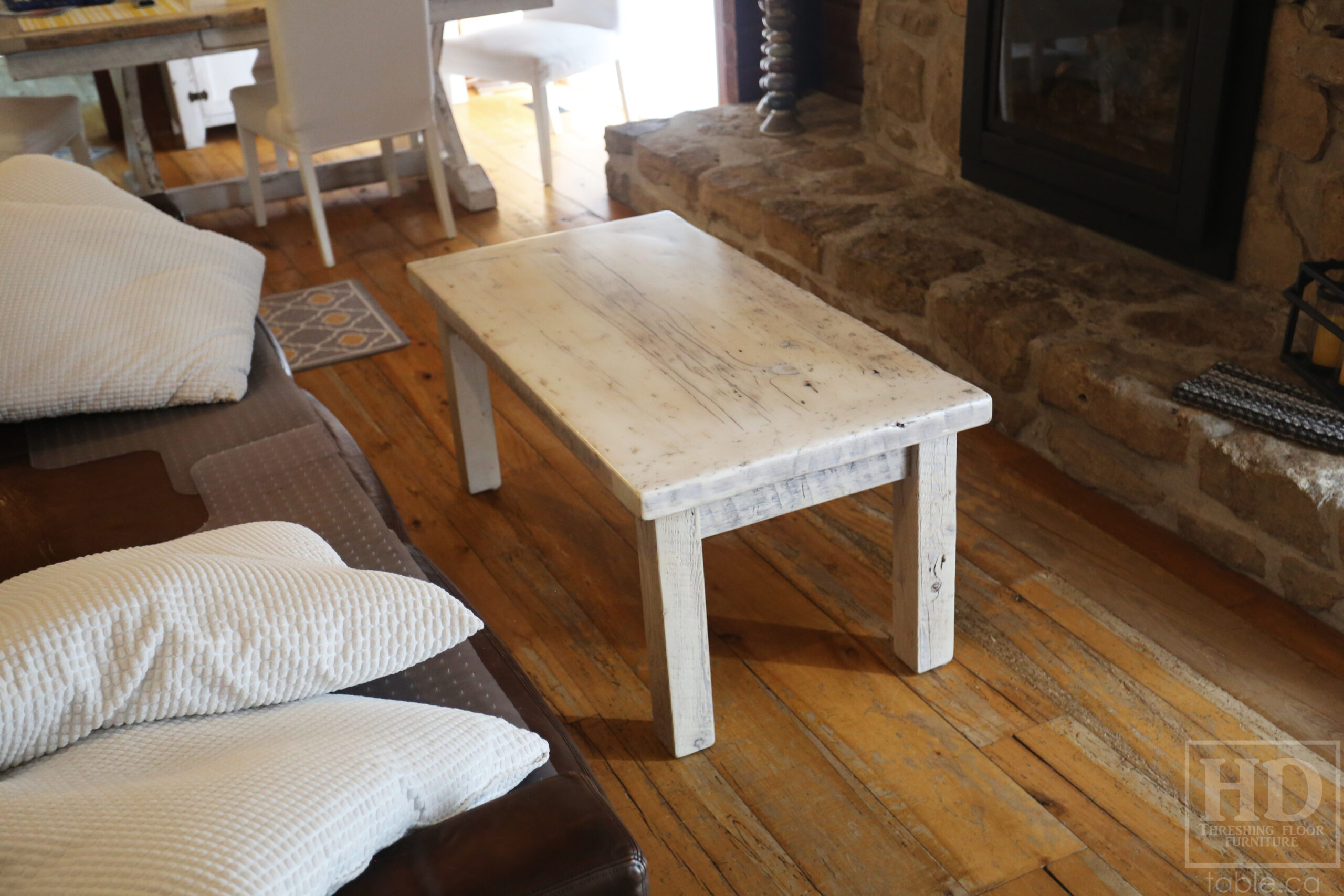 47â€ Ontario Barnwood Coffee Table â€“ 24â€ deep â€“ 20â€ height â€“ Straight 4â€x4â€ Windbrace Beam Legs â€“ Reclaimed Hemlock Threshing Floor & Grainery Board Construction â€“ 24â€ Drawer â€“ Original edges & distressing maintained - Bleached Option - Premium epoxy + satin polyurethane finish â€“ www.table.ca