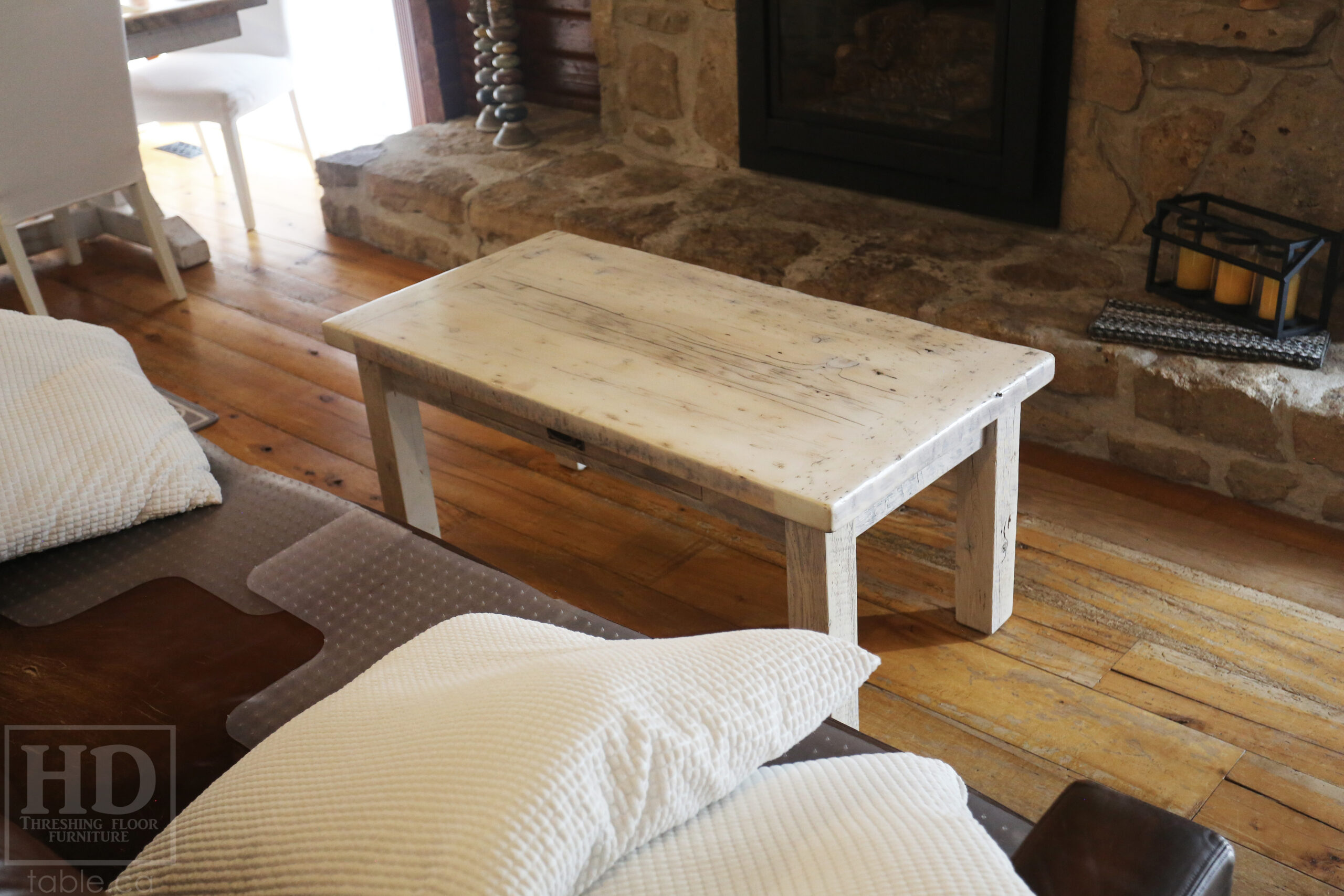 47â€ Ontario Barnwood Coffee Table â€“ 24â€ deep â€“ 20â€ height â€“ Straight 4â€x4â€ Windbrace Beam Legs â€“ Reclaimed Hemlock Threshing Floor & Grainery Board Construction â€“ 24â€ Drawer â€“ Original edges & distressing maintained - Bleached Option - Premium epoxy + satin polyurethane finish â€“ www.table.ca