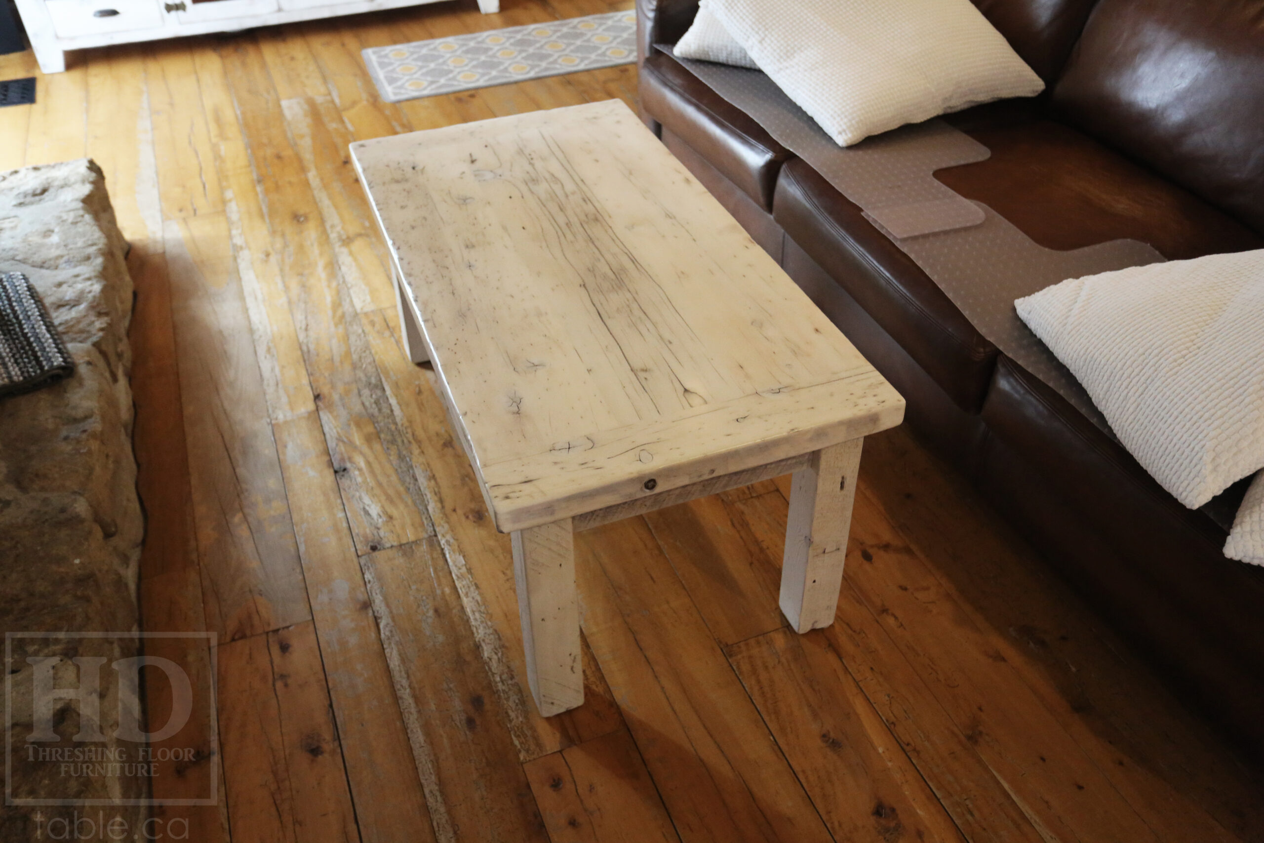 47â€ Ontario Barnwood Coffee Table â€“ 24â€ deep â€“ 20â€ height â€“ Straight 4â€x4â€ Windbrace Beam Legs â€“ Reclaimed Hemlock Threshing Floor & Grainery Board Construction â€“ 24â€ Drawer â€“ Original edges & distressing maintained - Bleached Option - Premium epoxy + satin polyurethane finish â€“ www.table.ca