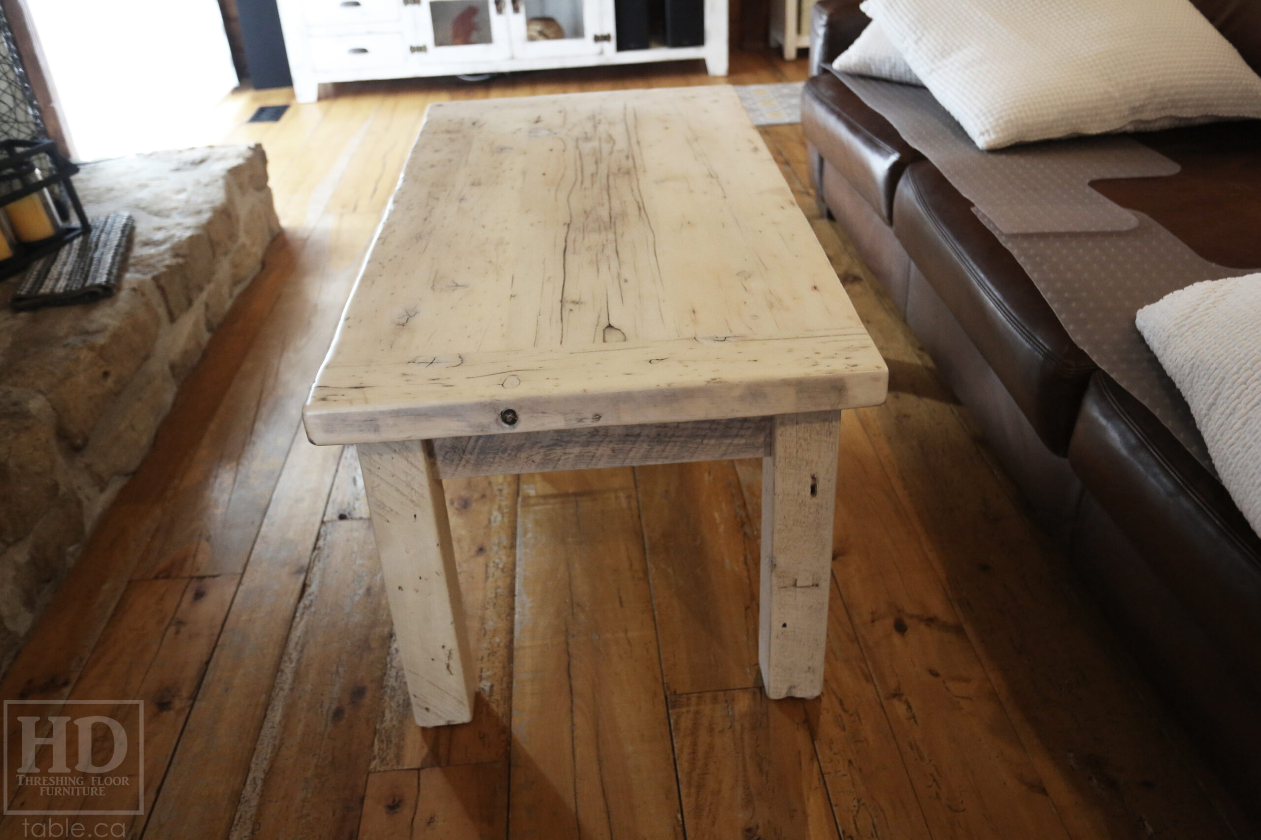 47â€ Ontario Barnwood Coffee Table â€“ 24â€ deep â€“ 20â€ height â€“ Straight 4â€x4â€ Windbrace Beam Legs â€“ Reclaimed Hemlock Threshing Floor & Grainery Board Construction â€“ 24â€ Drawer â€“ Original edges & distressing maintained - Bleached Option - Premium epoxy + satin polyurethane finish â€“ www.table.ca