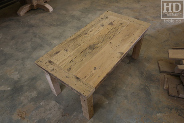 47â€ Ontario Barnwood Coffee Table â€“ 24â€ deep â€“ 20â€ height â€“ Straight 4â€x4â€ Windbrace Beam Legs â€“ Reclaimed Hemlock Threshing Floor & Grainery Board Construction â€“ 24â€ Drawer â€“ Original edges & distressing maintained - Bleached Option - Premium epoxy + satin polyurethane finish â€“ www.table.ca