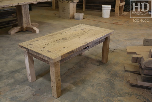 47â€ Ontario Barnwood Coffee Table â€“ 24â€ deep â€“ 20â€ height â€“ Straight 4â€x4â€ Windbrace Beam Legs â€“ Reclaimed Hemlock Threshing Floor & Grainery Board Construction â€“ 24â€ Drawer â€“ Original edges & distressing maintained - Bleached Option - Premium epoxy + satin polyurethane finish â€“ www.table.ca