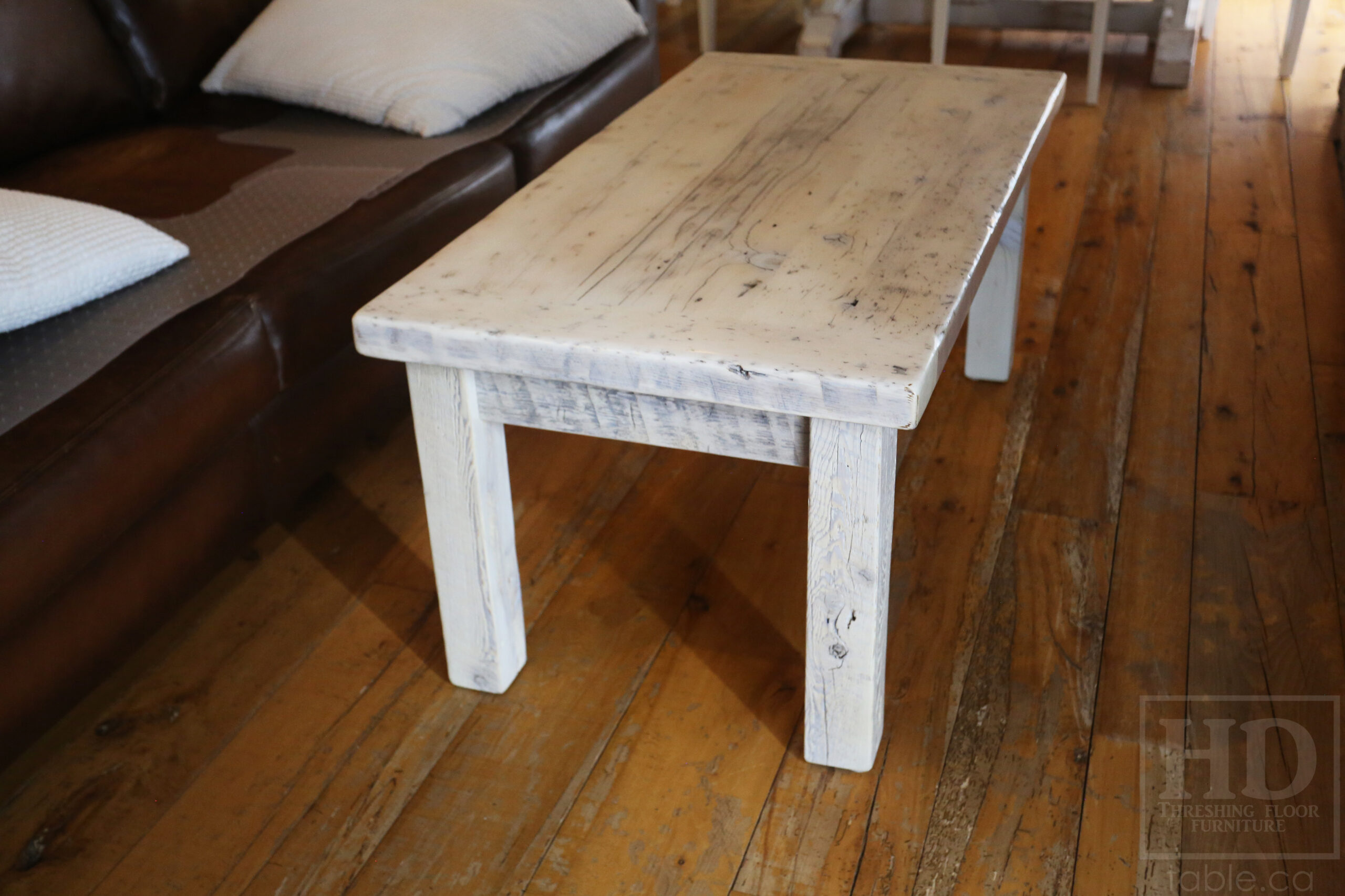 47â€ Ontario Barnwood Coffee Table â€“ 24â€ deep â€“ 20â€ height â€“ Straight 4â€x4â€ Windbrace Beam Legs â€“ Reclaimed Hemlock Threshing Floor & Grainery Board Construction â€“ 24â€ Drawer â€“ Original edges & distressing maintained - Bleached Option - Premium epoxy + satin polyurethane finish â€“ www.table.ca