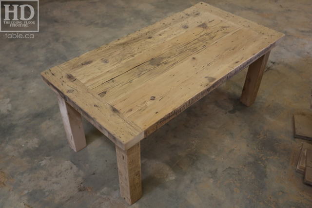 47â€ Ontario Barnwood Coffee Table â€“ 24â€ deep â€“ 20â€ height â€“ Straight 4â€x4â€ Windbrace Beam Legs â€“ Reclaimed Hemlock Threshing Floor & Grainery Board Construction â€“ 24â€ Drawer â€“ Original edges & distressing maintained - Bleached Option - Premium epoxy + satin polyurethane finish â€“ www.table.ca