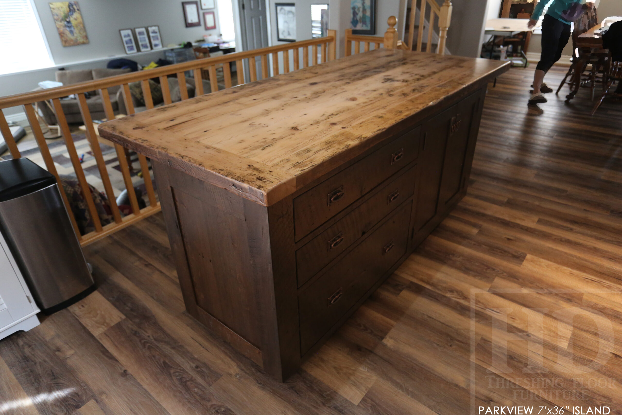 7’ Ontario Barnwood Island we made for a Wellesley, Ontario Home – 36” wide – 36” [Counter] height – 3 Drawers / 2 Doors - Old Growth Reclaimed Hemlock Threshing Floor Construction – Original edges & distressing maintained - Mission Cast Brass Lee Valley Hardware – Greytone Option Top / Black Stain Option Base - Premium epoxy + matte polyurethane finish - www.table.ca