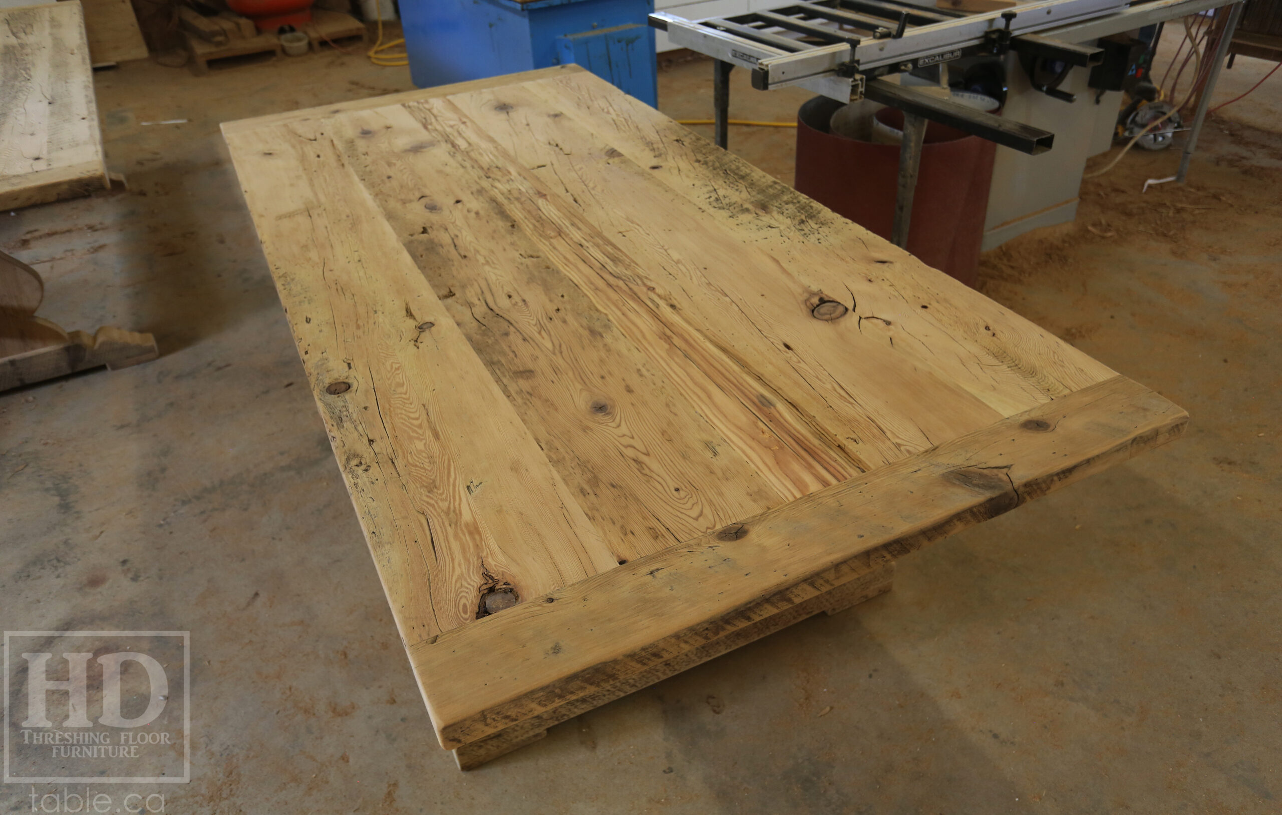 7.5’ Ontario Barnwood Table we made for a New Dundee, Ontario Home – 44” wide – Sawbuck Base [Beam Type Option] – Old Growth Reclaimed Hemlock Threshing Floor Construction – Original edges & distressing maintained -- Premium epoxy + satin polyurethane finish – www.table.ca