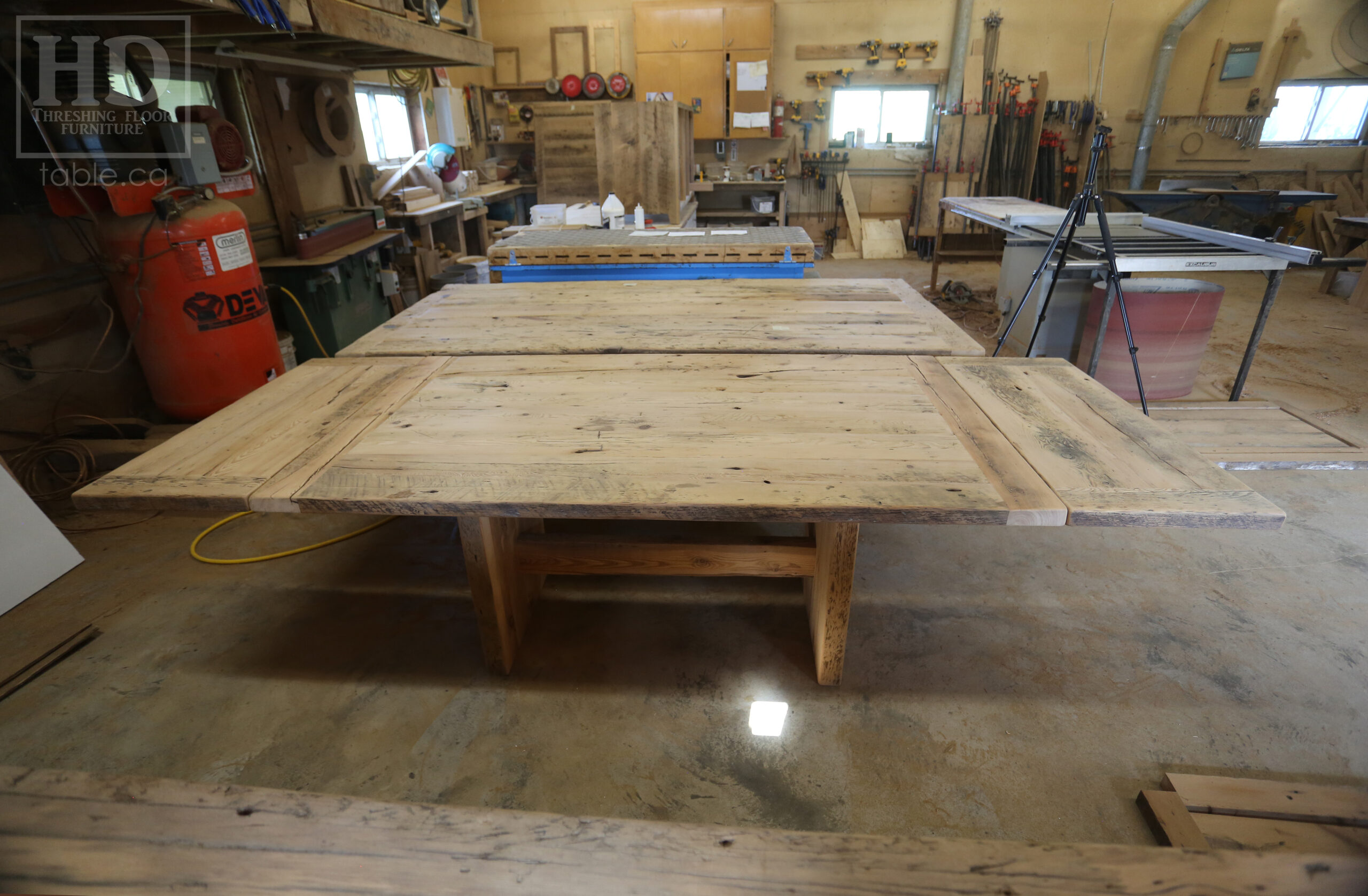 6’ Ontario Barnwood Table we made for a Milton, Ontario Home – 42” wide – Plank Base – Bread Board Ends - Old Growth Reclaimed Hemlock Threshing Floor Construction – Original edges & distressing maintained - Premium epoxy + satin polyurethane finish – [2] 18” Leaves - www.table.ca