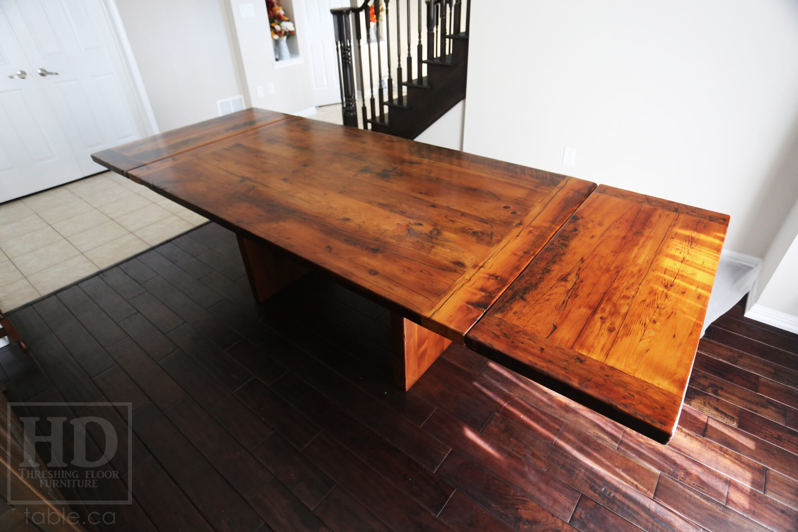 6’ Ontario Barnwood Table we made for a Milton, Ontario Home – 42” wide – Plank Base – Bread Board Ends - Old Growth Reclaimed Hemlock Threshing Floor Construction – Original edges & distressing maintained - Premium epoxy + satin polyurethane finish – [2] 18” Leaves - www.table.ca