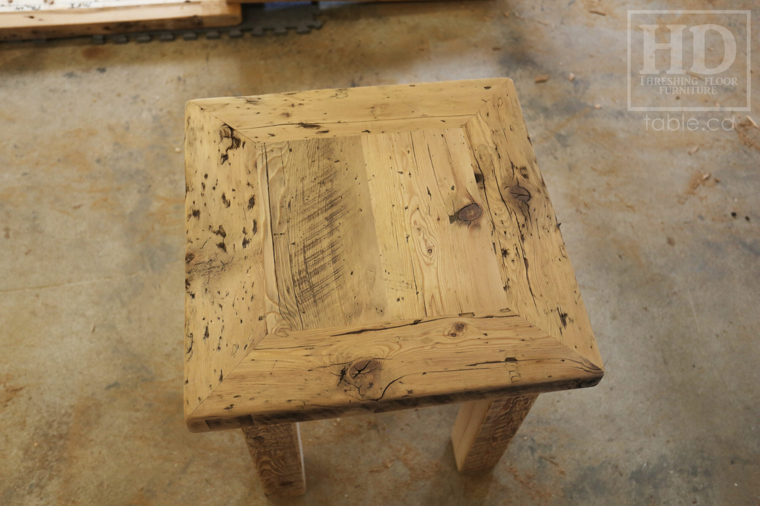 20â€ x 20â€ Ontario Barnwood Coffee Table â€“ 22â€ height â€“ Straight 3â€x3â€ Windbrace Beam Legs â€“ 2â€ Reclaimed Hemlock Threshing Floor Top â€“ Original edges & distressing maintained - Bleached Option - Premium epoxy + satin polyurethane finish â€“ www.table.ca