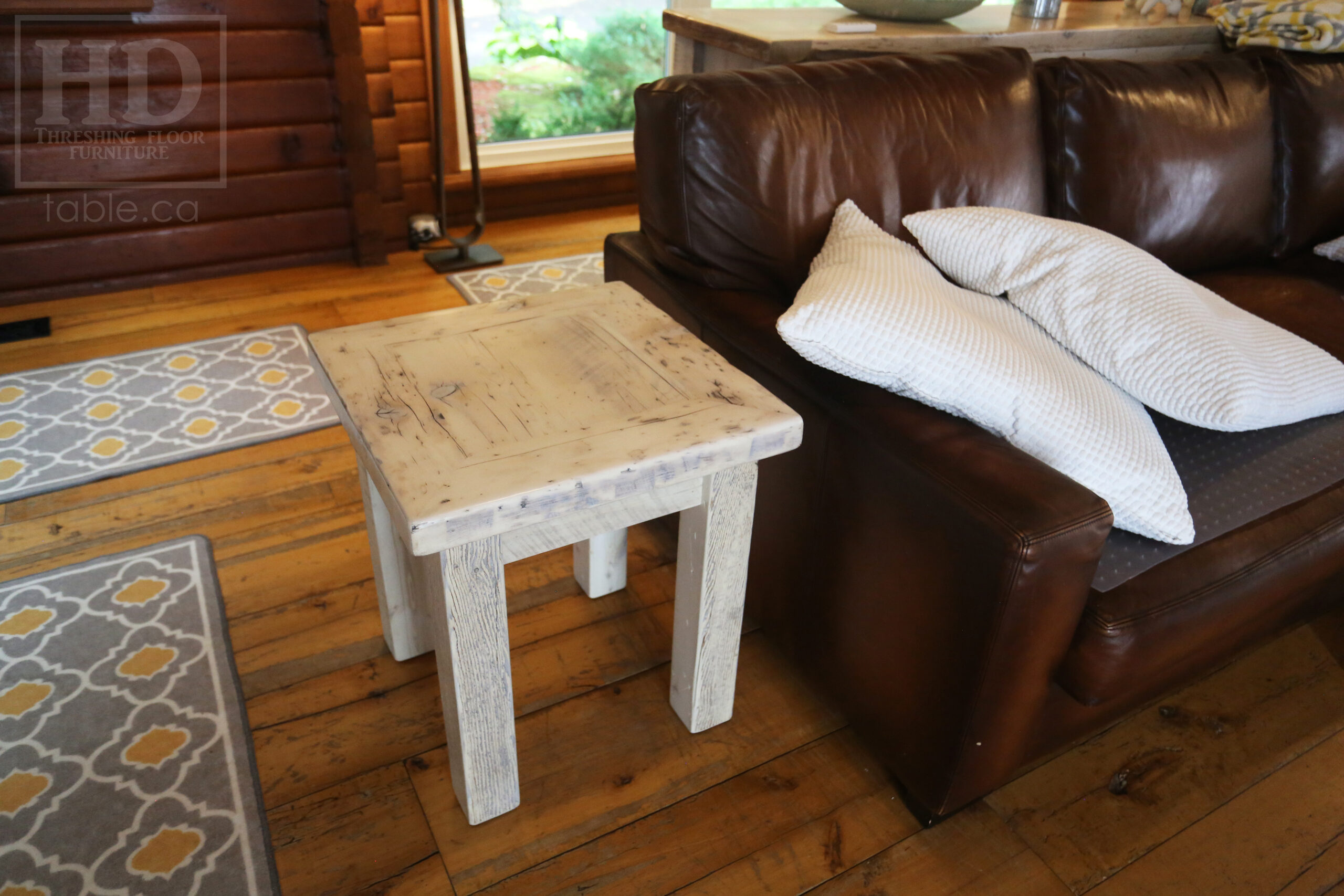 20â€ x 20â€ Ontario Barnwood Coffee Table â€“ 22â€ height â€“ Straight 3â€x3â€ Windbrace Beam Legs â€“ 2â€ Reclaimed Hemlock Threshing Floor Top â€“ Original edges & distressing maintained - Bleached Option - Premium epoxy + satin polyurethane finish â€“ www.table.ca