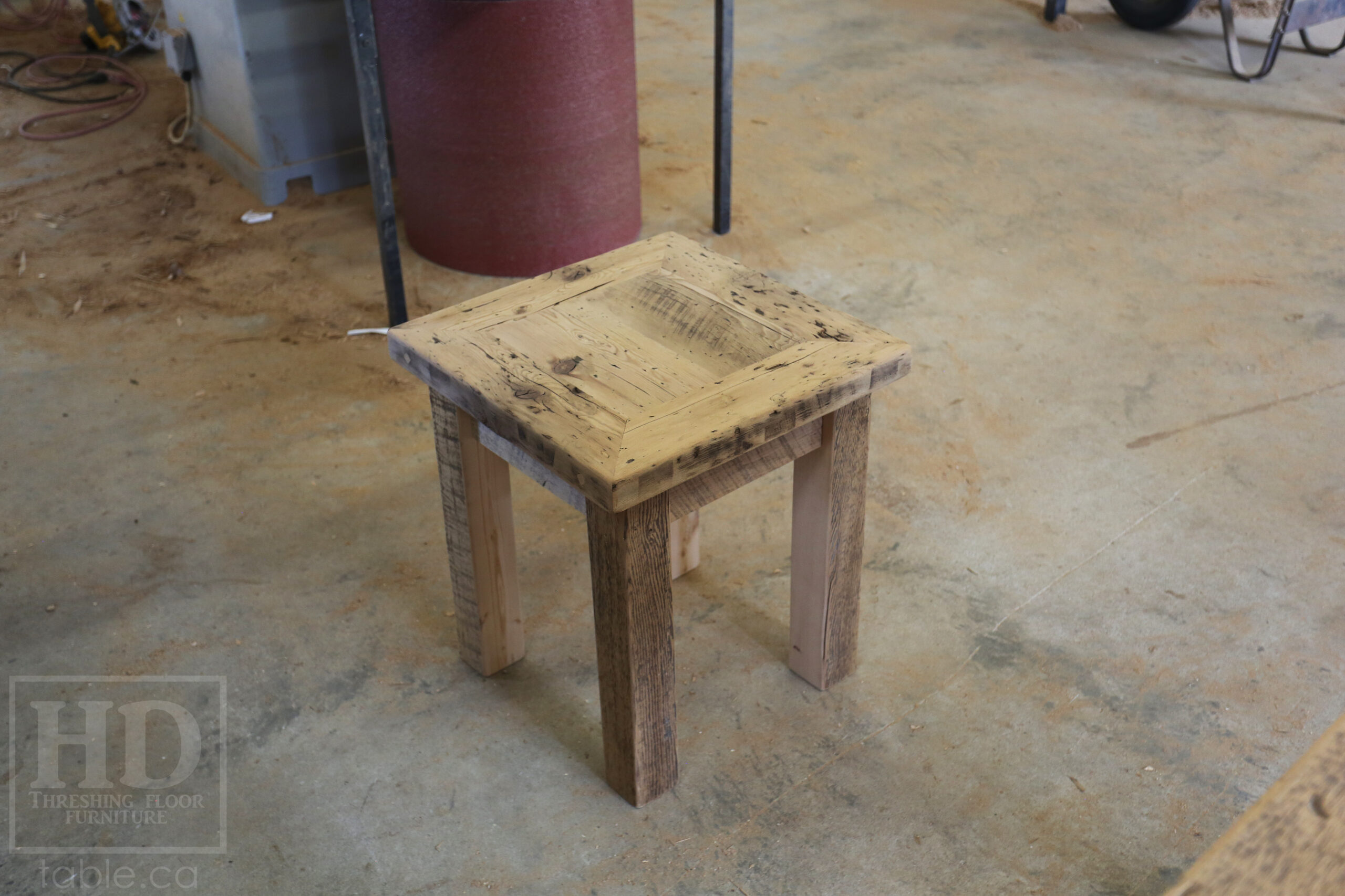 20â€ x 20â€ Ontario Barnwood Coffee Table â€“ 22â€ height â€“ Straight 3â€x3â€ Windbrace Beam Legs â€“ 2â€ Reclaimed Hemlock Threshing Floor Top â€“ Original edges & distressing maintained - Bleached Option - Premium epoxy + satin polyurethane finish â€“ www.table.ca