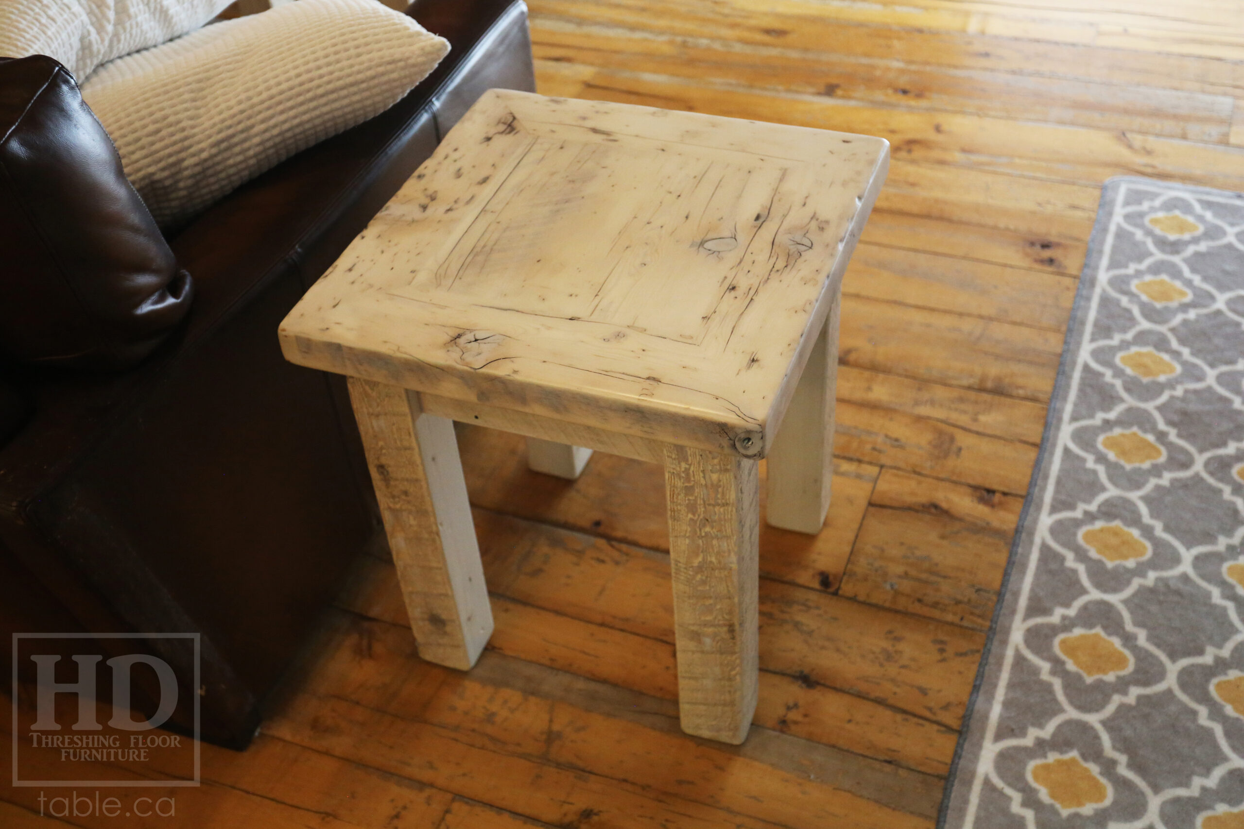 20â€ x 20â€ Ontario Barnwood Coffee Table â€“ 22â€ height â€“ Straight 3â€x3â€ Windbrace Beam Legs â€“ 2â€ Reclaimed Hemlock Threshing Floor Top â€“ Original edges & distressing maintained - Bleached Option - Premium epoxy + satin polyurethane finish â€“ www.table.ca