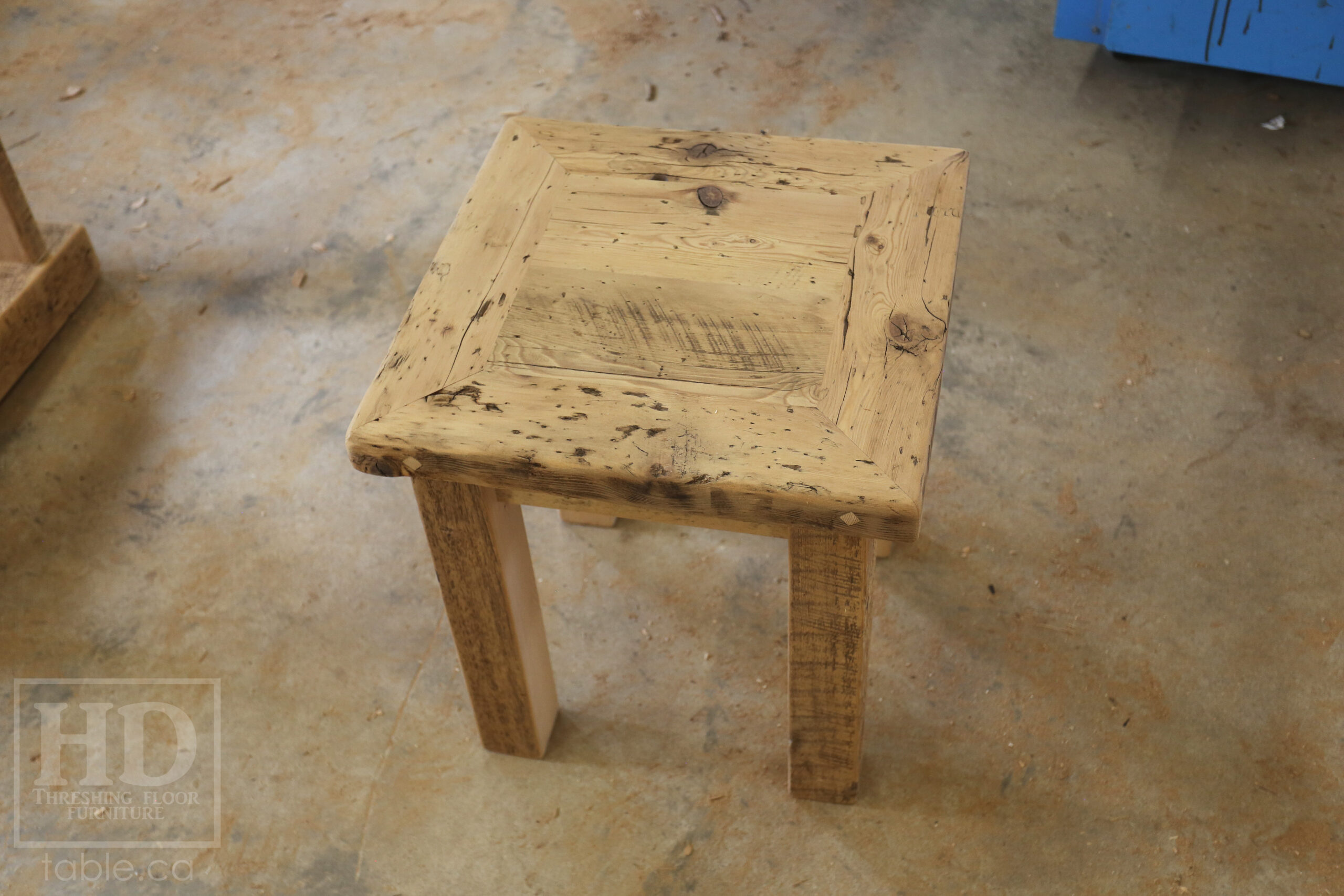 20â€ x 20â€ Ontario Barnwood Coffee Table â€“ 22â€ height â€“ Straight 3â€x3â€ Windbrace Beam Legs â€“ 2â€ Reclaimed Hemlock Threshing Floor Top â€“ Original edges & distressing maintained - Bleached Option - Premium epoxy + satin polyurethane finish â€“ www.table.ca