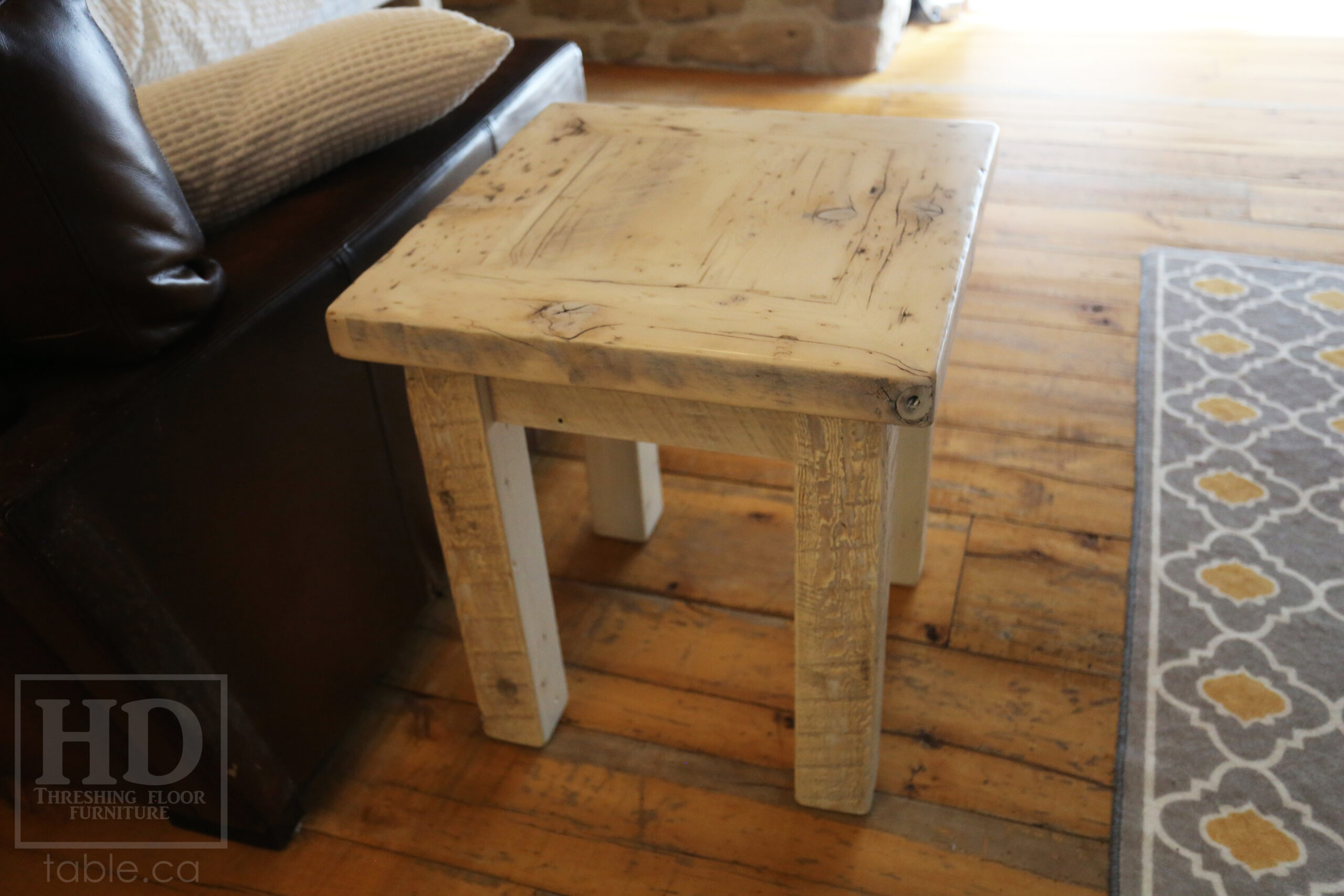 20â€ x 20â€ Ontario Barnwood Coffee Table â€“ 22â€ height â€“ Straight 3â€x3â€ Windbrace Beam Legs â€“ 2â€ Reclaimed Hemlock Threshing Floor Top â€“ Original edges & distressing maintained - Bleached Option - Premium epoxy + satin polyurethane finish â€“ www.table.ca