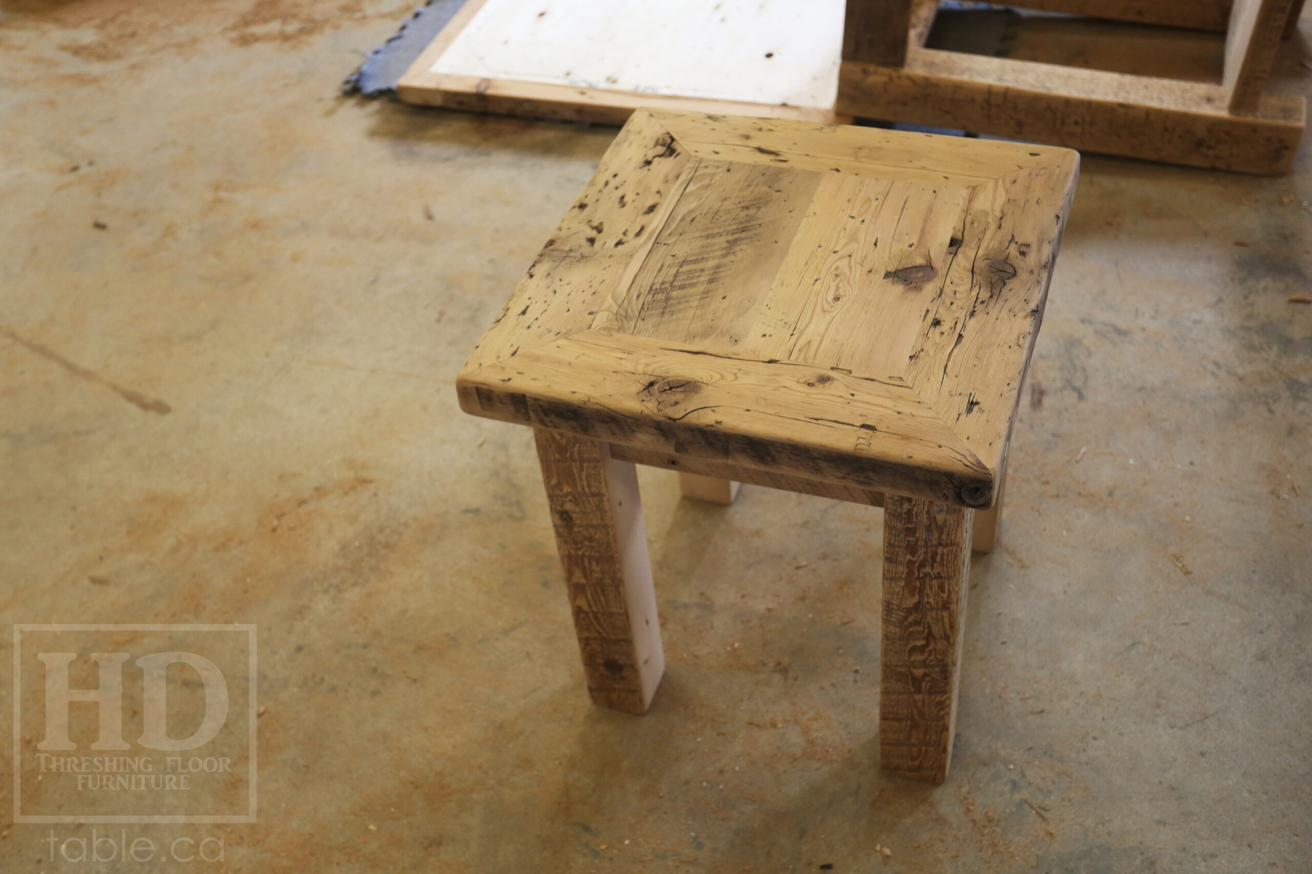 20â€ x 20â€ Ontario Barnwood Coffee Table â€“ 22â€ height â€“ Straight 3â€x3â€ Windbrace Beam Legs â€“ 2â€ Reclaimed Hemlock Threshing Floor Top â€“ Original edges & distressing maintained - Bleached Option - Premium epoxy + satin polyurethane finish â€“ www.table.ca