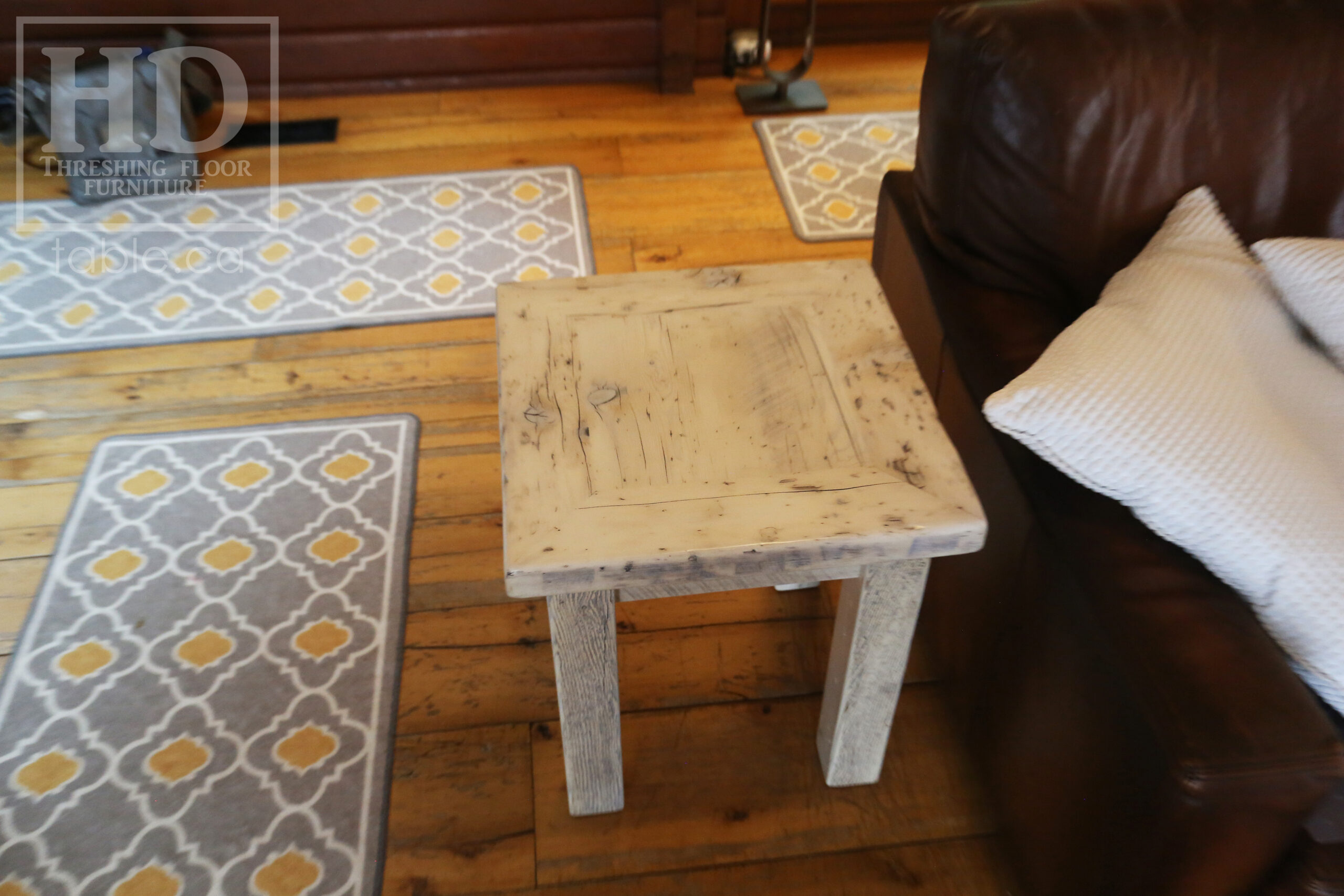 20â€ x 20â€ Ontario Barnwood Coffee Table â€“ 22â€ height â€“ Straight 3â€x3â€ Windbrace Beam Legs â€“ 2â€ Reclaimed Hemlock Threshing Floor Top â€“ Original edges & distressing maintained - Bleached Option - Premium epoxy + satin polyurethane finish â€“ www.table.ca