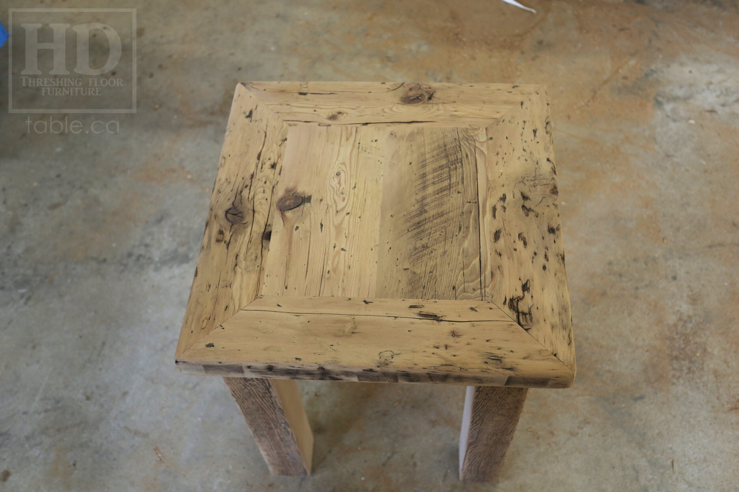 20â€ x 20â€ Ontario Barnwood Coffee Table â€“ 22â€ height â€“ Straight 3â€x3â€ Windbrace Beam Legs â€“ 2â€ Reclaimed Hemlock Threshing Floor Top â€“ Original edges & distressing maintained - Bleached Option - Premium epoxy + satin polyurethane finish â€“ www.table.ca