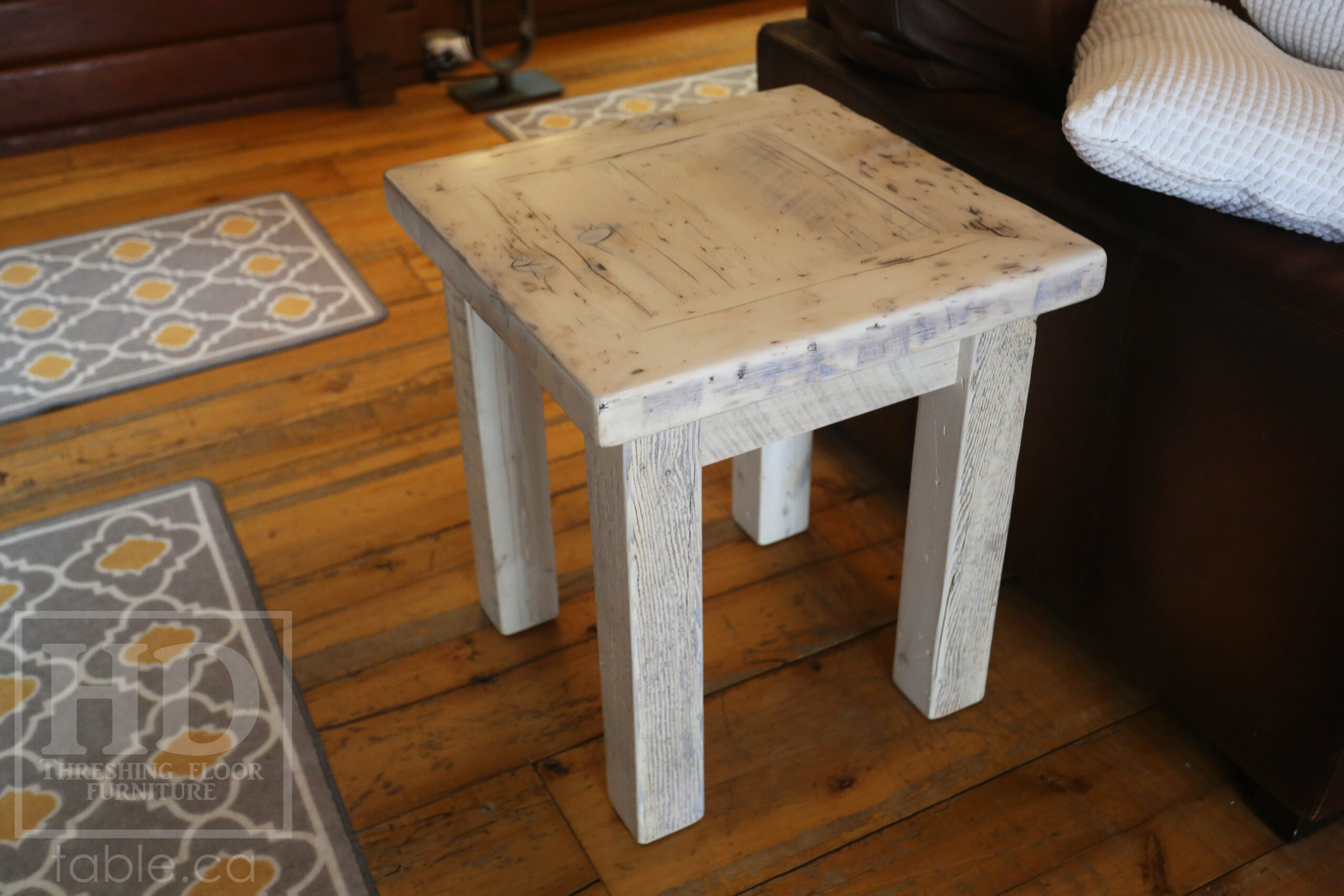 20â€ x 20â€ Ontario Barnwood Coffee Table â€“ 22â€ height â€“ Straight 3â€x3â€ Windbrace Beam Legs â€“ 2â€ Reclaimed Hemlock Threshing Floor Top â€“ Original edges & distressing maintained - Bleached Option - Premium epoxy + satin polyurethane finish â€“ www.table.ca