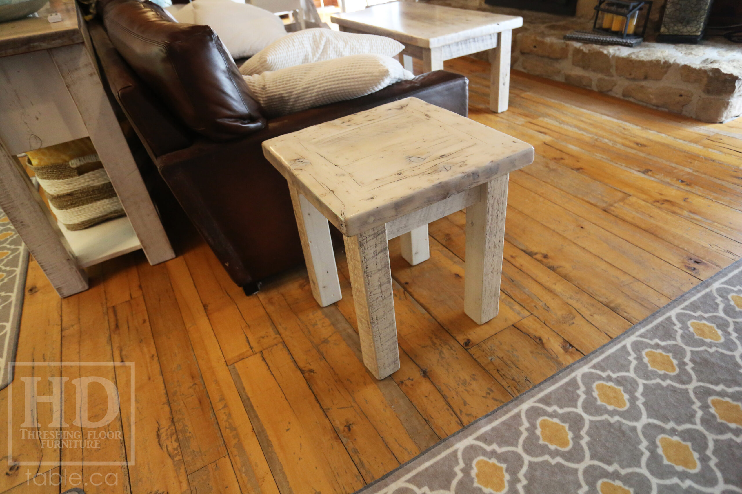 20â€ x 20â€ Ontario Barnwood Coffee Table â€“ 22â€ height â€“ Straight 3â€x3â€ Windbrace Beam Legs â€“ 2â€ Reclaimed Hemlock Threshing Floor Top â€“ Original edges & distressing maintained - Bleached Option - Premium epoxy + satin polyurethane finish â€“ www.table.ca