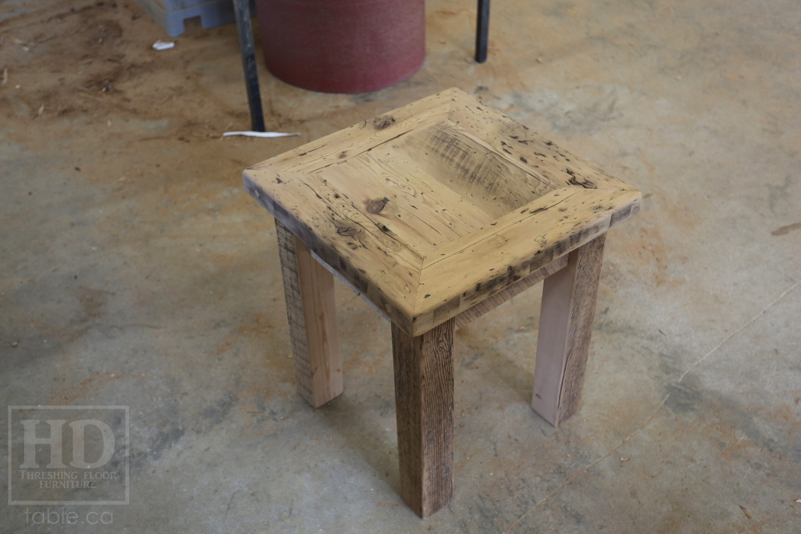 20â€ x 20â€ Ontario Barnwood Coffee Table â€“ 22â€ height â€“ Straight 3â€x3â€ Windbrace Beam Legs â€“ 2â€ Reclaimed Hemlock Threshing Floor Top â€“ Original edges & distressing maintained - Bleached Option - Premium epoxy + satin polyurethane finish â€“ www.table.ca