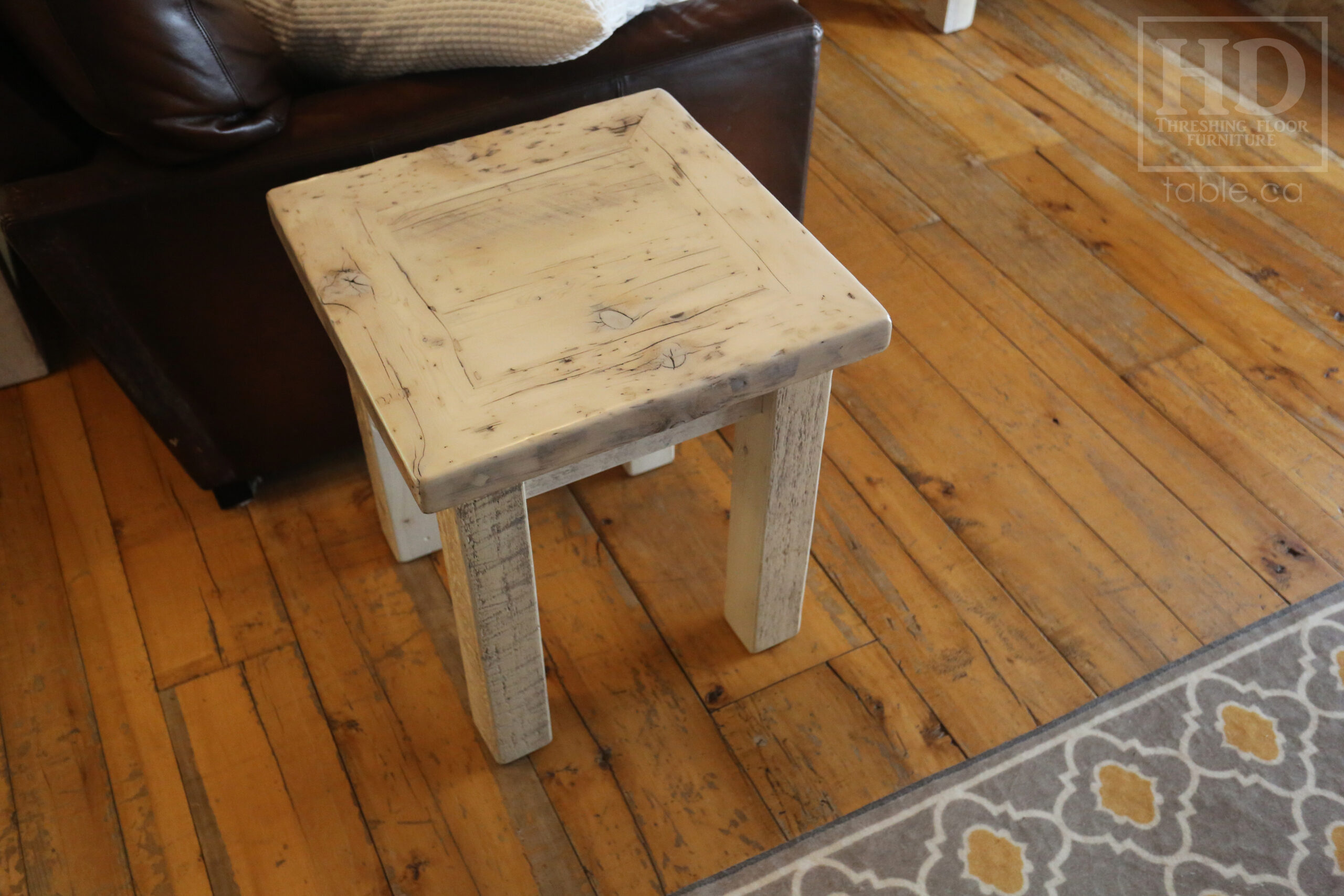 20â€ x 20â€ Ontario Barnwood Coffee Table â€“ 22â€ height â€“ Straight 3â€x3â€ Windbrace Beam Legs â€“ 2â€ Reclaimed Hemlock Threshing Floor Top â€“ Original edges & distressing maintained - Bleached Option - Premium epoxy + satin polyurethane finish â€“ www.table.ca