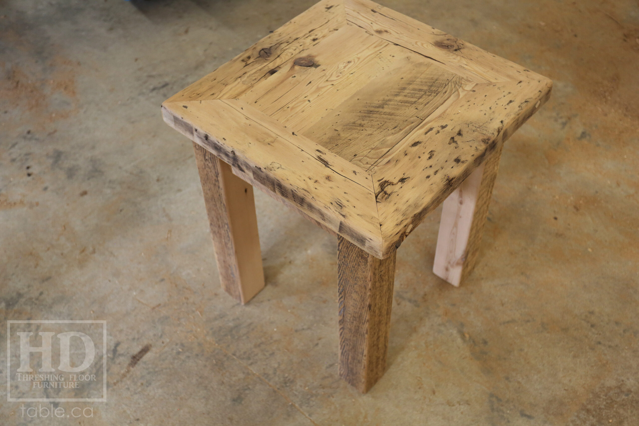 20â€ x 20â€ Ontario Barnwood Coffee Table â€“ 22â€ height â€“ Straight 3â€x3â€ Windbrace Beam Legs â€“ 2â€ Reclaimed Hemlock Threshing Floor Top â€“ Original edges & distressing maintained - Bleached Option - Premium epoxy + satin polyurethane finish â€“ www.table.ca