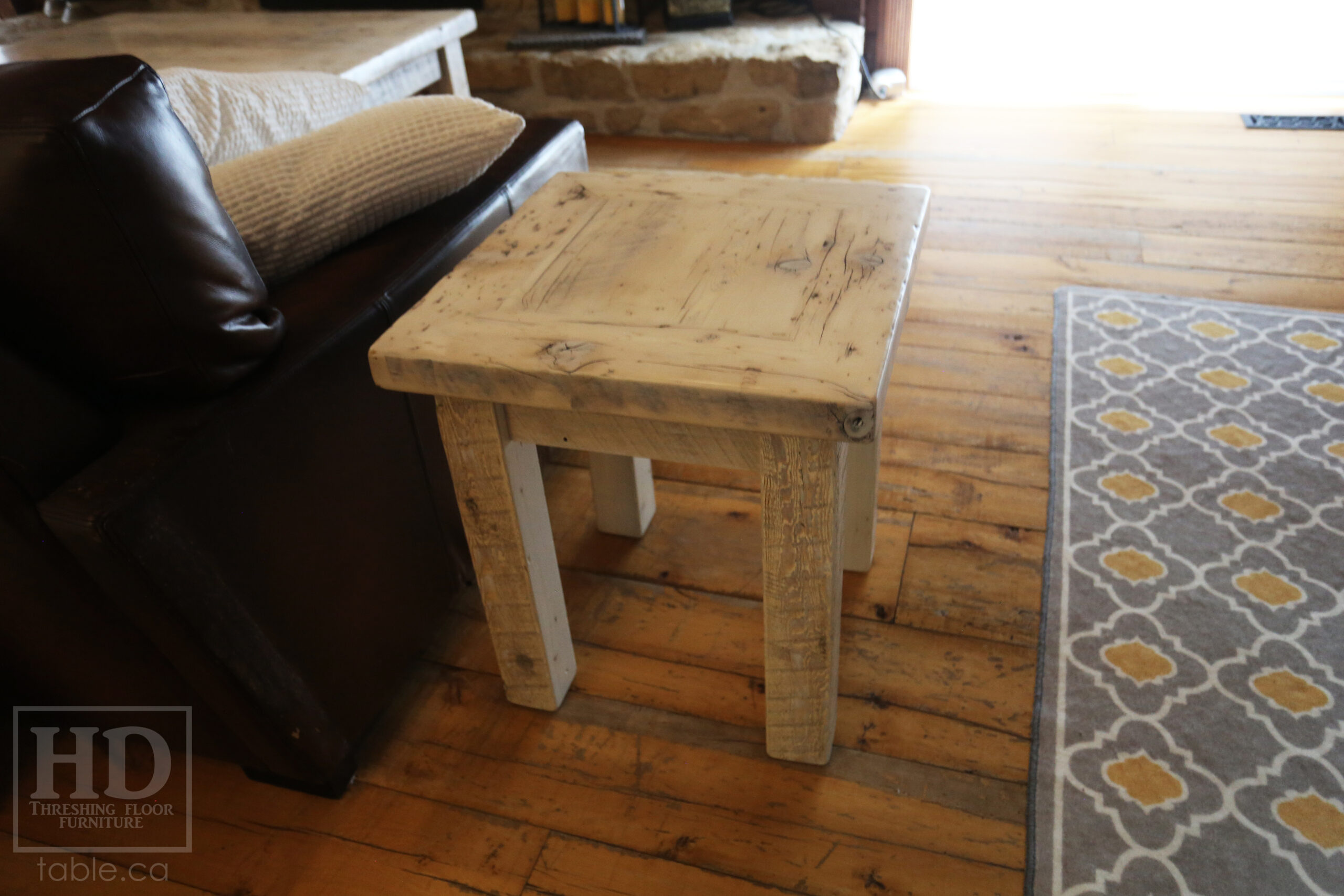 20â€ x 20â€ Ontario Barnwood Coffee Table â€“ 22â€ height â€“ Straight 3â€x3â€ Windbrace Beam Legs â€“ 2â€ Reclaimed Hemlock Threshing Floor Top â€“ Original edges & distressing maintained - Bleached Option - Premium epoxy + satin polyurethane finish â€“ www.table.ca