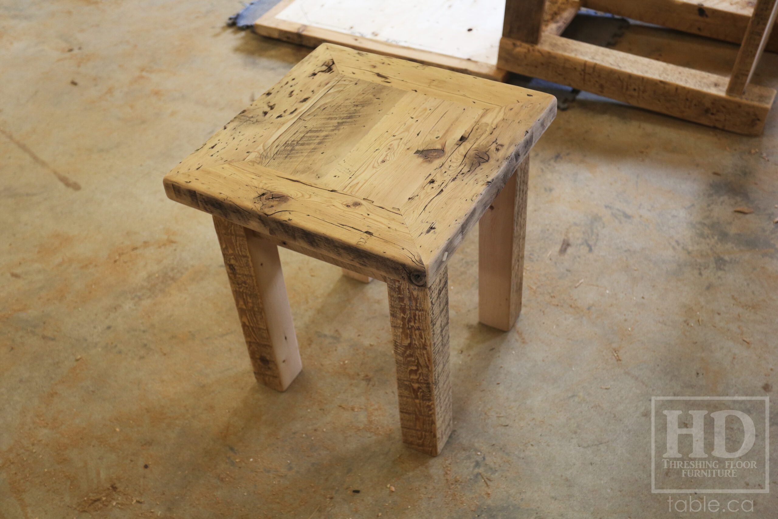 20â€ x 20â€ Ontario Barnwood Coffee Table â€“ 22â€ height â€“ Straight 3â€x3â€ Windbrace Beam Legs â€“ 2â€ Reclaimed Hemlock Threshing Floor Top â€“ Original edges & distressing maintained - Bleached Option - Premium epoxy + satin polyurethane finish â€“ www.table.ca