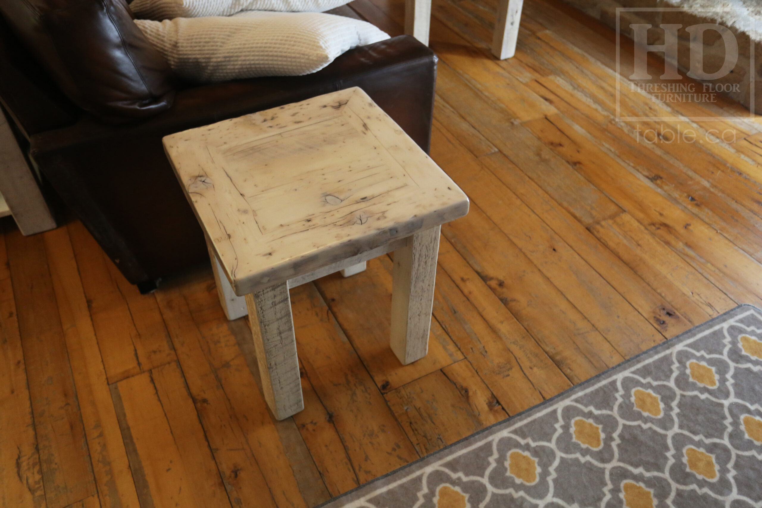 20â€ x 20â€ Ontario Barnwood Coffee Table â€“ 22â€ height â€“ Straight 3â€x3â€ Windbrace Beam Legs â€“ 2â€ Reclaimed Hemlock Threshing Floor Top â€“ Original edges & distressing maintained - Bleached Option - Premium epoxy + satin polyurethane finish â€“ www.table.ca