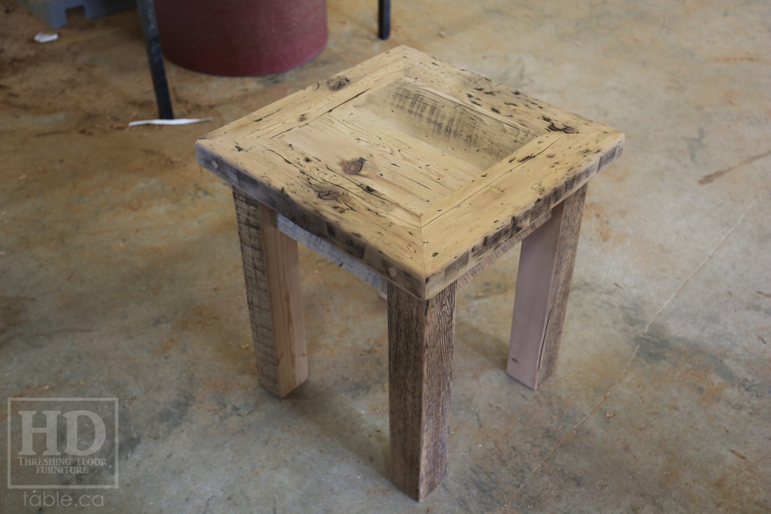 20â€ x 20â€ Ontario Barnwood Coffee Table â€“ 22â€ height â€“ Straight 3â€x3â€ Windbrace Beam Legs â€“ 2â€ Reclaimed Hemlock Threshing Floor Top â€“ Original edges & distressing maintained - Bleached Option - Premium epoxy + satin polyurethane finish â€“ www.table.ca