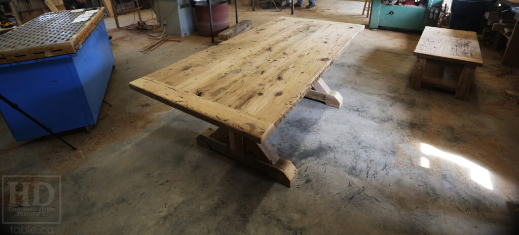 81” Ontario Barnwood Table we made for a Mississauga, Ontario Home – 39” wide – Beam Style Sawbuck Base Option – Old Growth Reclaimed Hemlock Threshing Floor Construction – Original edges & distressing maintained - Premium epoxy + satin polyurethane finish – 81” [matching] Bench - www.table.ca