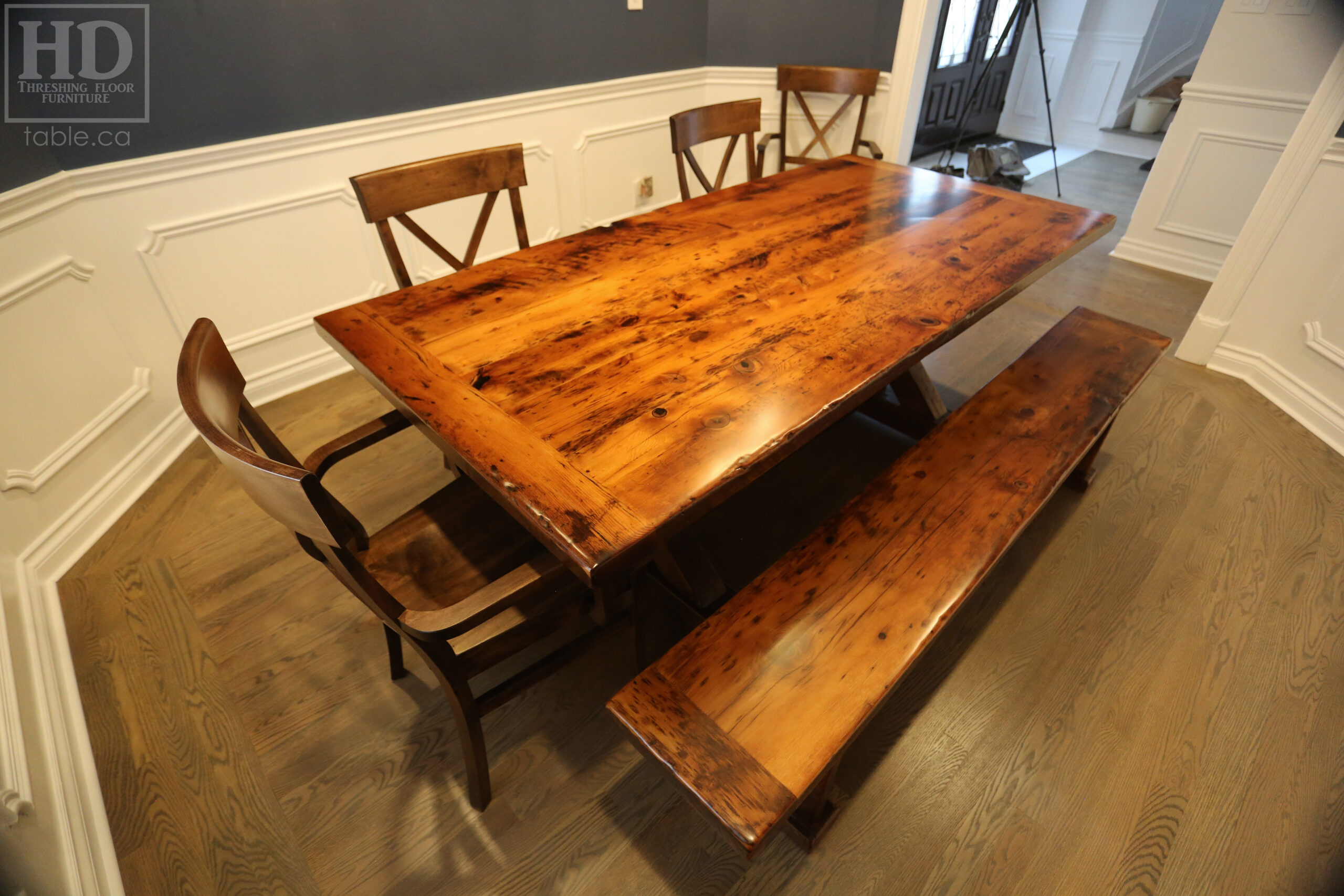 81” Ontario Barnwood Table we made for a Mississauga, Ontario Home – 39” wide – Beam Style Sawbuck Base Option – Old Growth Reclaimed Hemlock Threshing Floor Construction – Original edges & distressing maintained - Premium epoxy + satin polyurethane finish – 81” [matching] Bench - www.table.ca