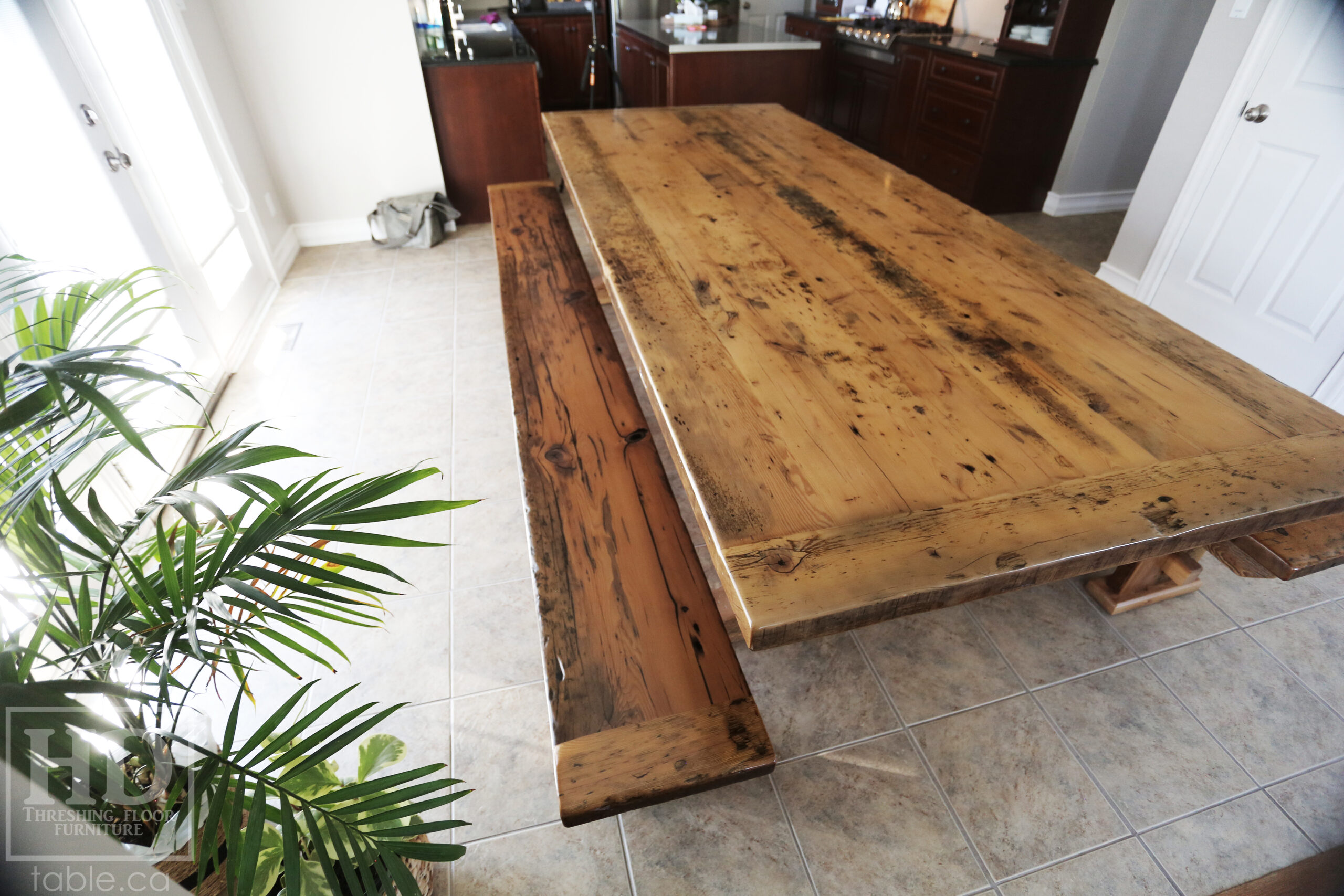 10’ Ontario Barnwood Table we made for a Norwich, Ontario Home – 48” wide – Trestle Base - Old Growth Reclaimed Hemlock Threshing Floor Construction – Original edges & distressing maintained – Greytone Option - Premium epoxy + satin polyurethane finish – [Two] Matching Trestle Benches - www.table.ca
