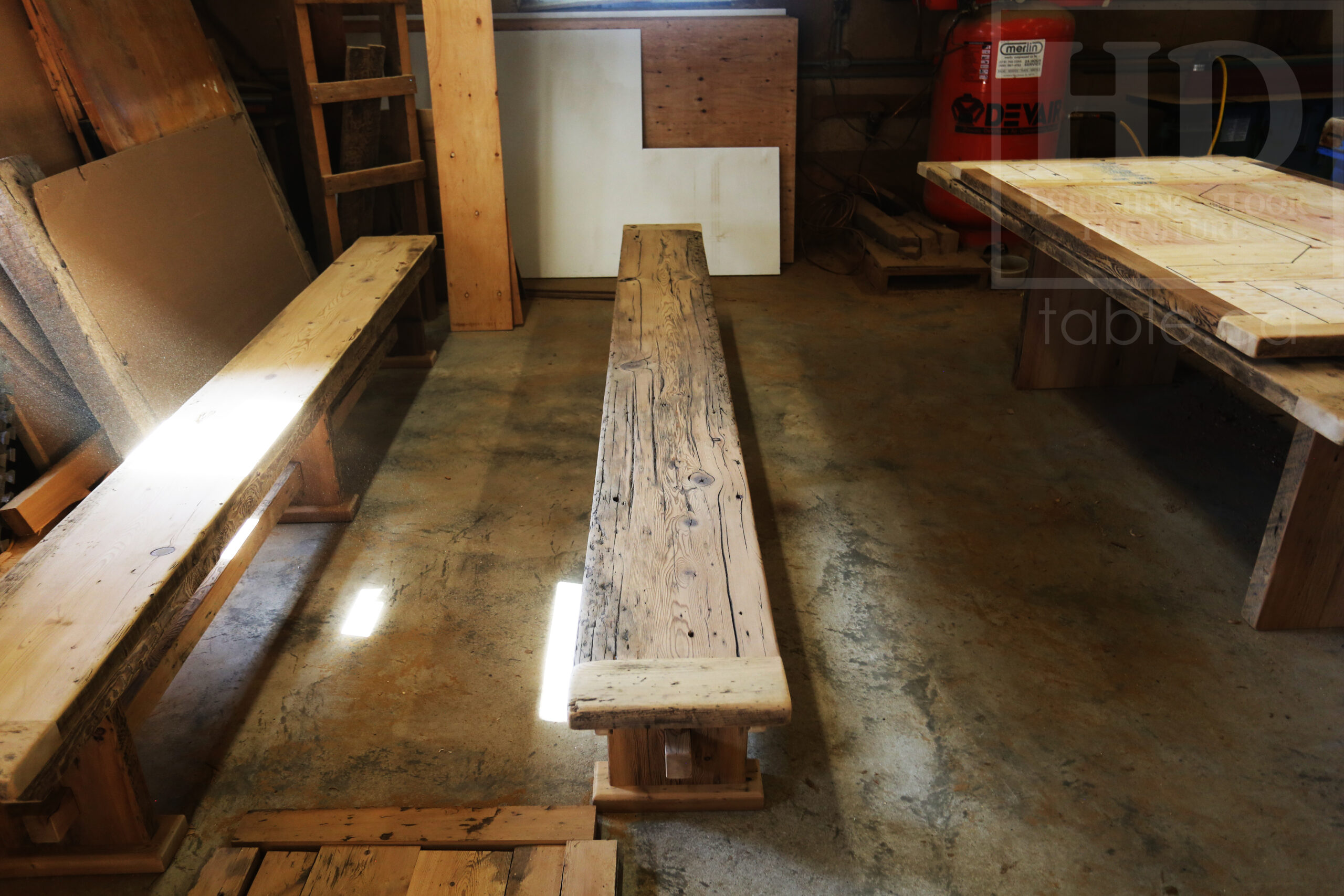 10’ Ontario Barnwood Table we made for a Norwich, Ontario Home – 48” wide – Trestle Base - Old Growth Reclaimed Hemlock Threshing Floor Construction – Original edges & distressing maintained – Greytone Option - Premium epoxy + satin polyurethane finish – [Two] Matching Trestle Benches - www.table.ca