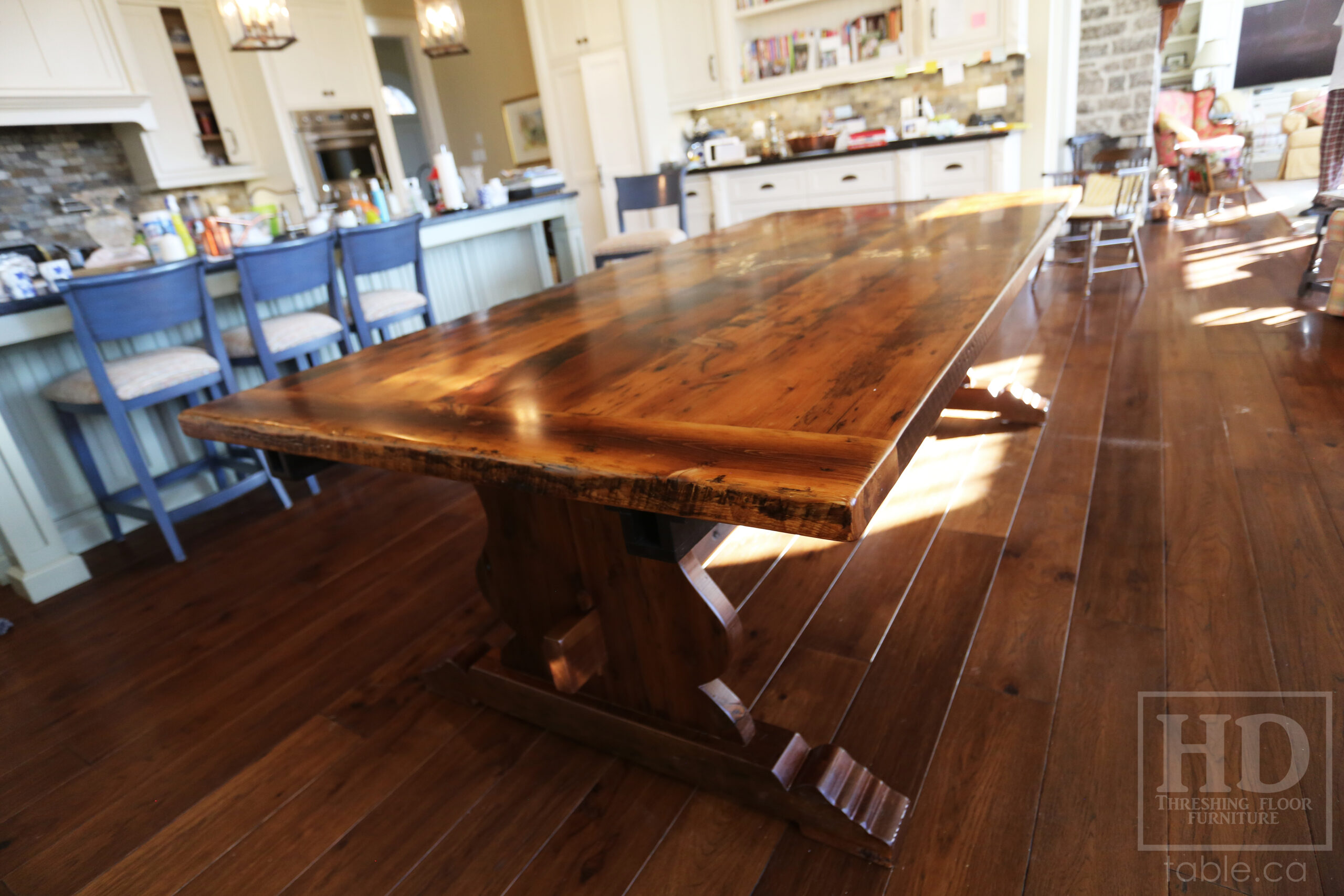 8' Ontario Barnwood Table we made for a Puslinch, Ontario home - 42" wide - Trestle Base [Violin shaped profile option] - Old Growth Hemlock Threshing Floor Construction - Original edges & distressing maintained - Premium epoxy + satin polyurethane finish - Two 18" Leaves - www.table.ca
