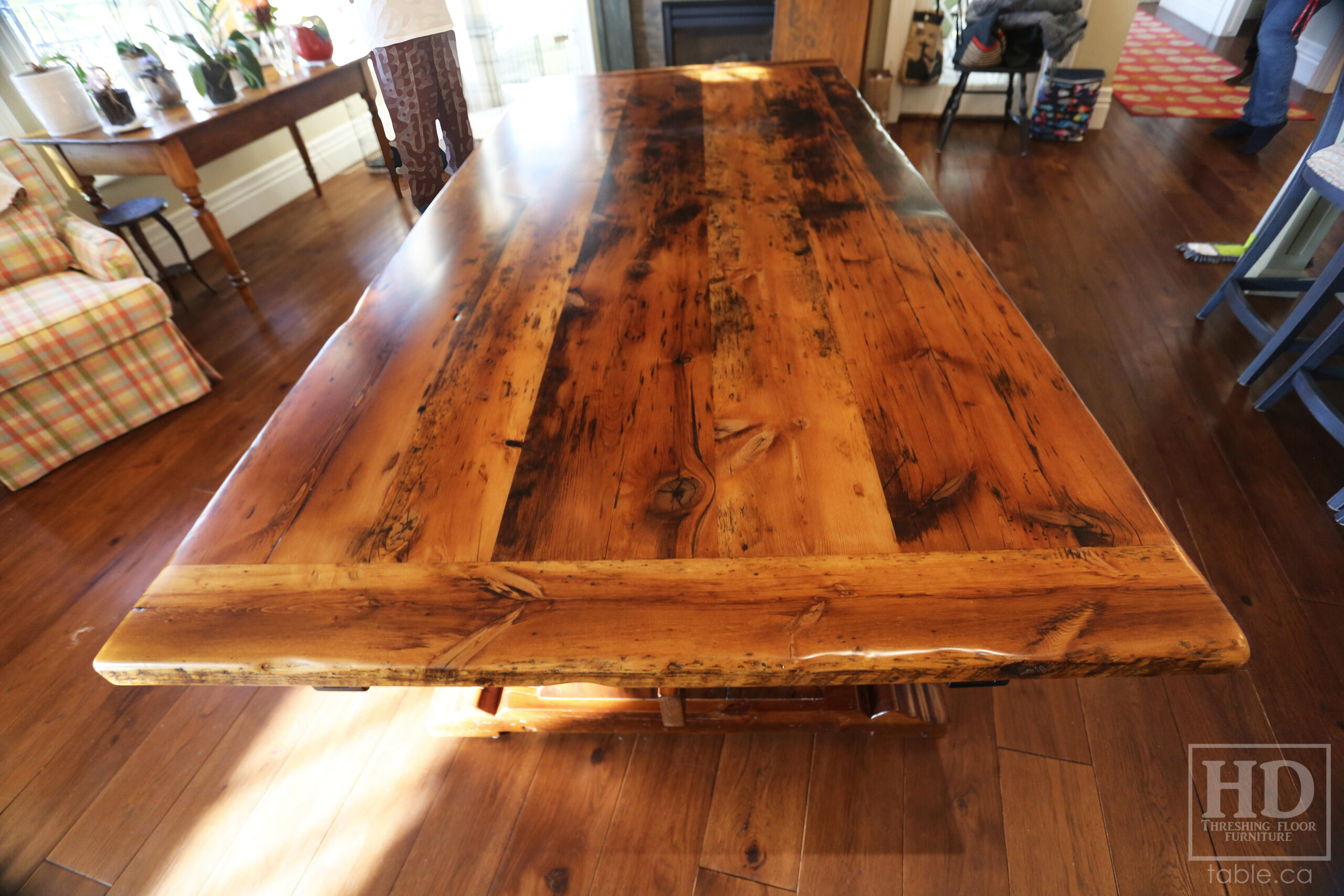 8' Ontario Barnwood Table we made for a Puslinch, Ontario home - 42" wide - Trestle Base [Violin shaped profile option] - Old Growth Hemlock Threshing Floor Construction - Original edges & distressing maintained - Premium epoxy + satin polyurethane finish - Two 18" Leaves - www.table.ca