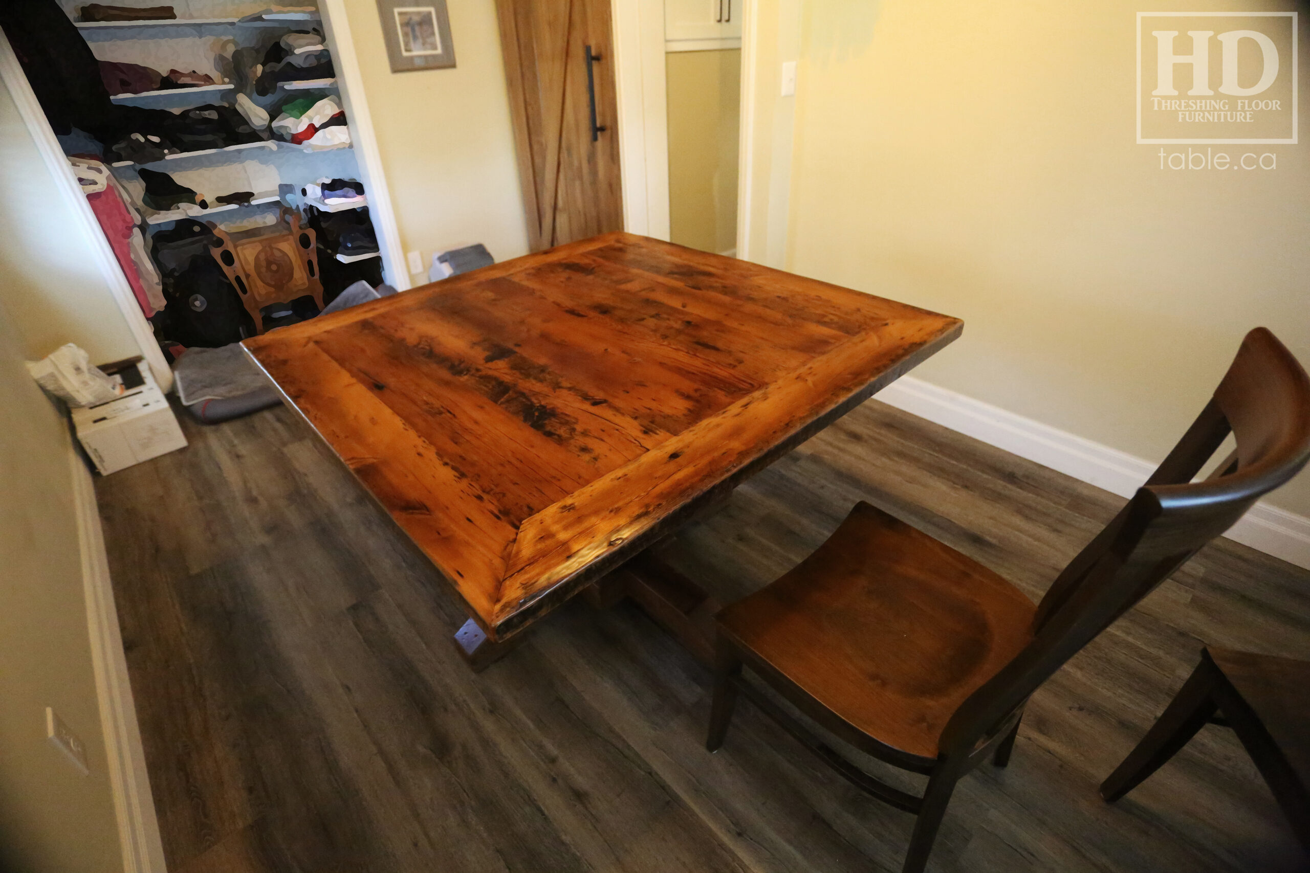 48" x 48" Ontario Barnwood Pedestal Table we made for a Windsor, Ontario home - Hand Hewn Post Base - Old Growth Hemlock Threshing Floor Top - Original edges & distressing maintained - Mitred Corners - Premium epoxy + satin polyurethane finish - [4] Athena Chairs / Wormy Maple - www.table.ca