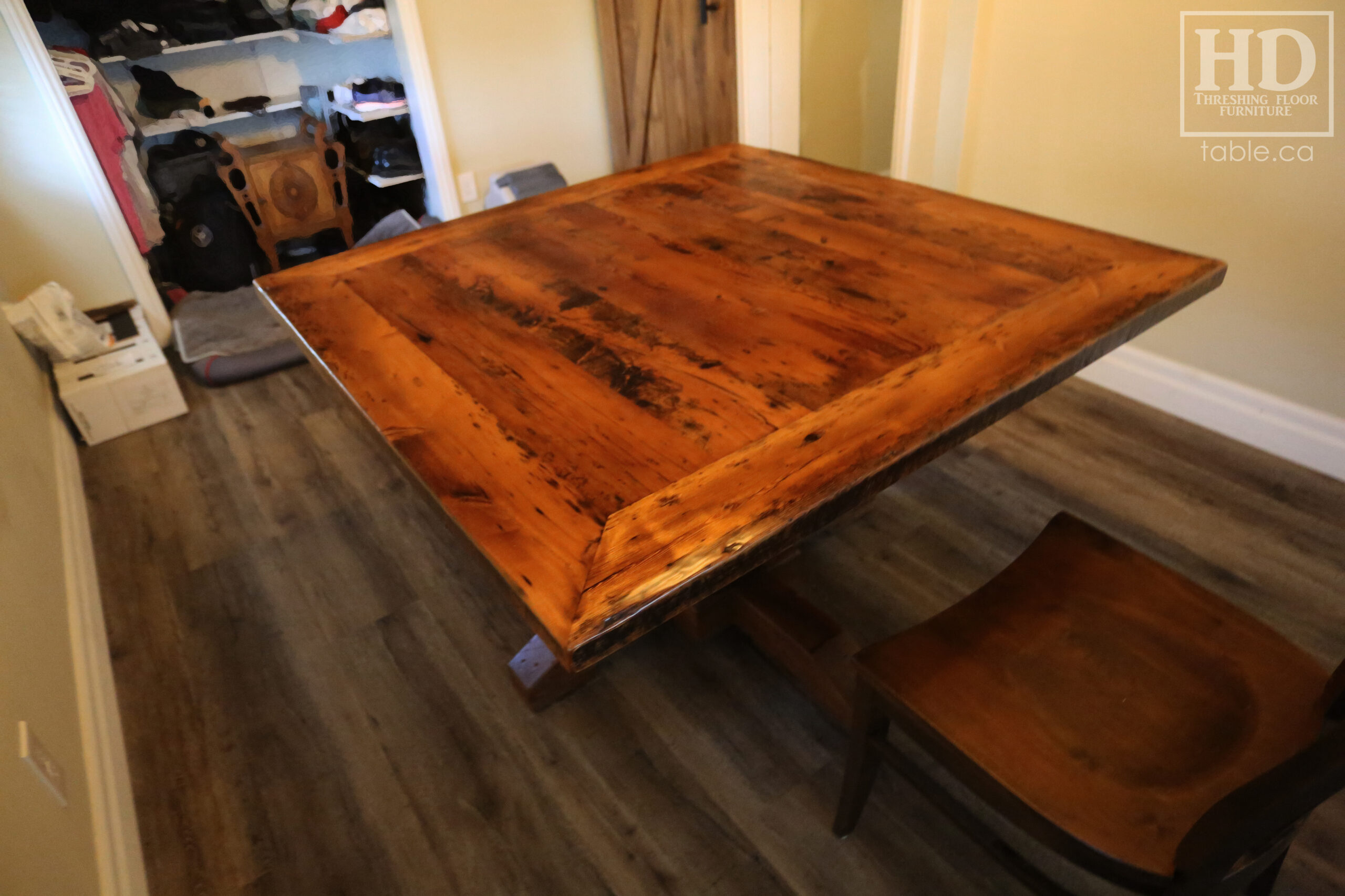 48" x 48" Ontario Barnwood Pedestal Table we made for a Windsor, Ontario home - Hand Hewn Post Base - Old Growth Hemlock Threshing Floor Top - Original edges & distressing maintained - Mitred Corners - Premium epoxy + satin polyurethane finish - [4] Athena Chairs / Wormy Maple - www.table.ca