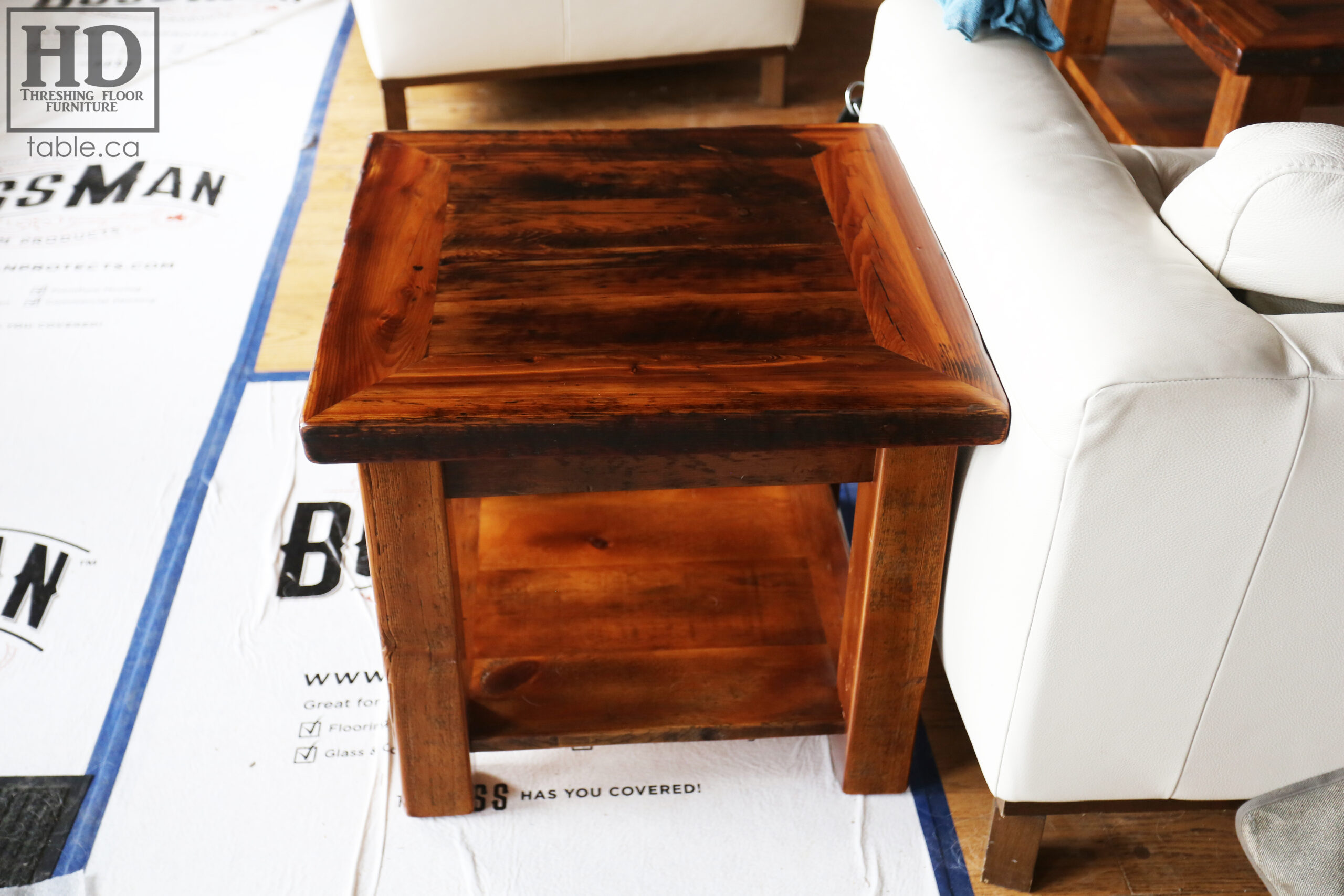 [2] 24" x 24" Ontario Barnwood End Table we made for a Brockville, Ontario home - 21" height - Old Growth Hemlock Threshing Floor Construction - Straight Windbrace Beam Legs - Bottom 1" Grainery Board Shelf - Original edges & distressing maintained - Mitred Corners - Premium epoxy + matte polyurethane finish / www.table.ca