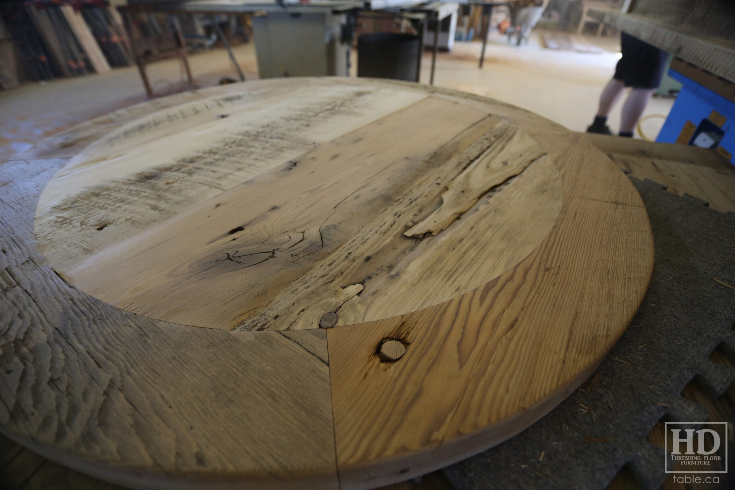 Ontario Barnwood Coffee Table - Reclaimed Hemlock Threshing Floor 2" Top - Premium epoxy/polyurethane finish - Original distressing maintained - U Shaped Metal Base 