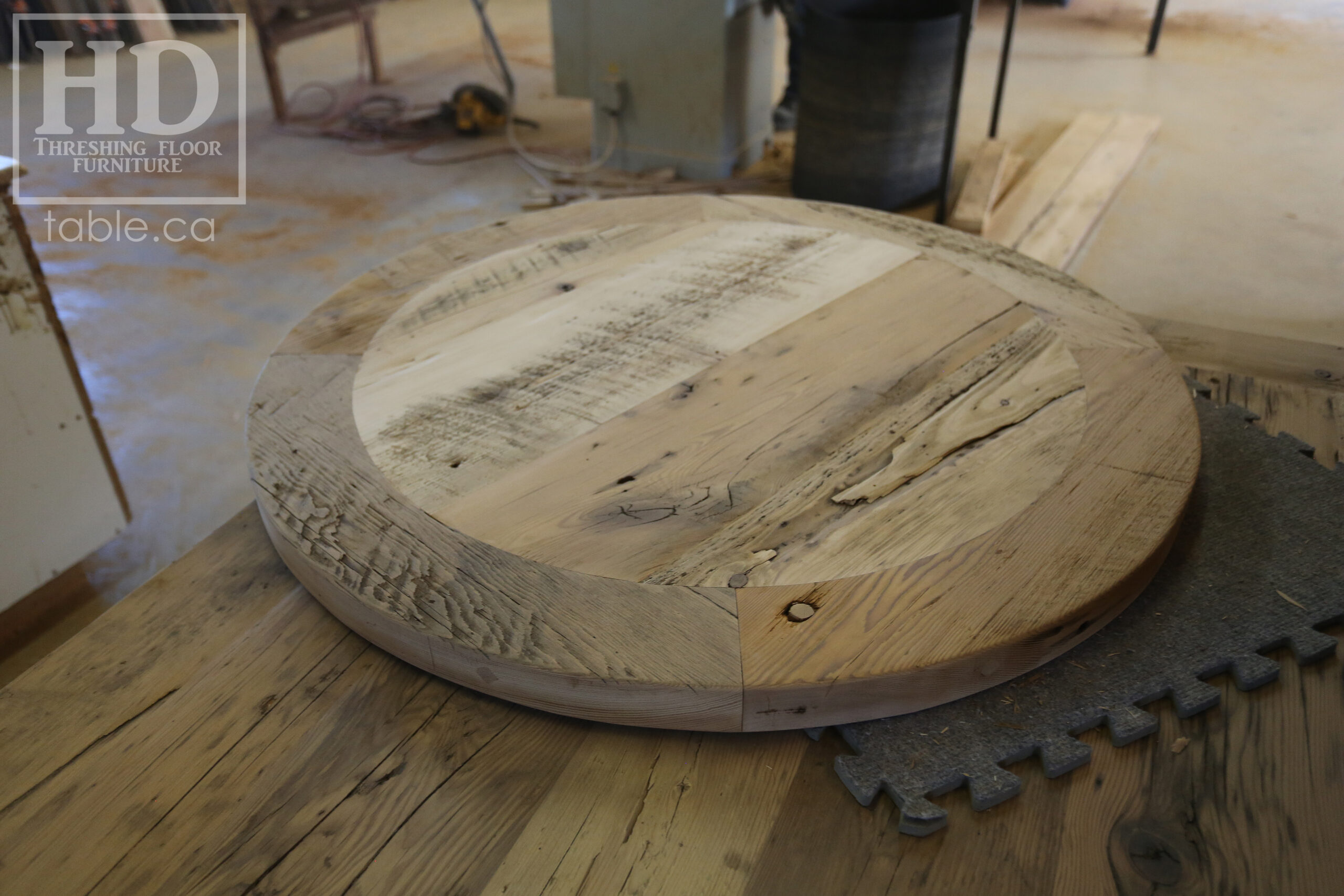 Ontario Barnwood Coffee Table - Reclaimed Hemlock Threshing Floor 2" Top - Premium epoxy/polyurethane finish - Original distressing maintained - U Shaped Metal Base 