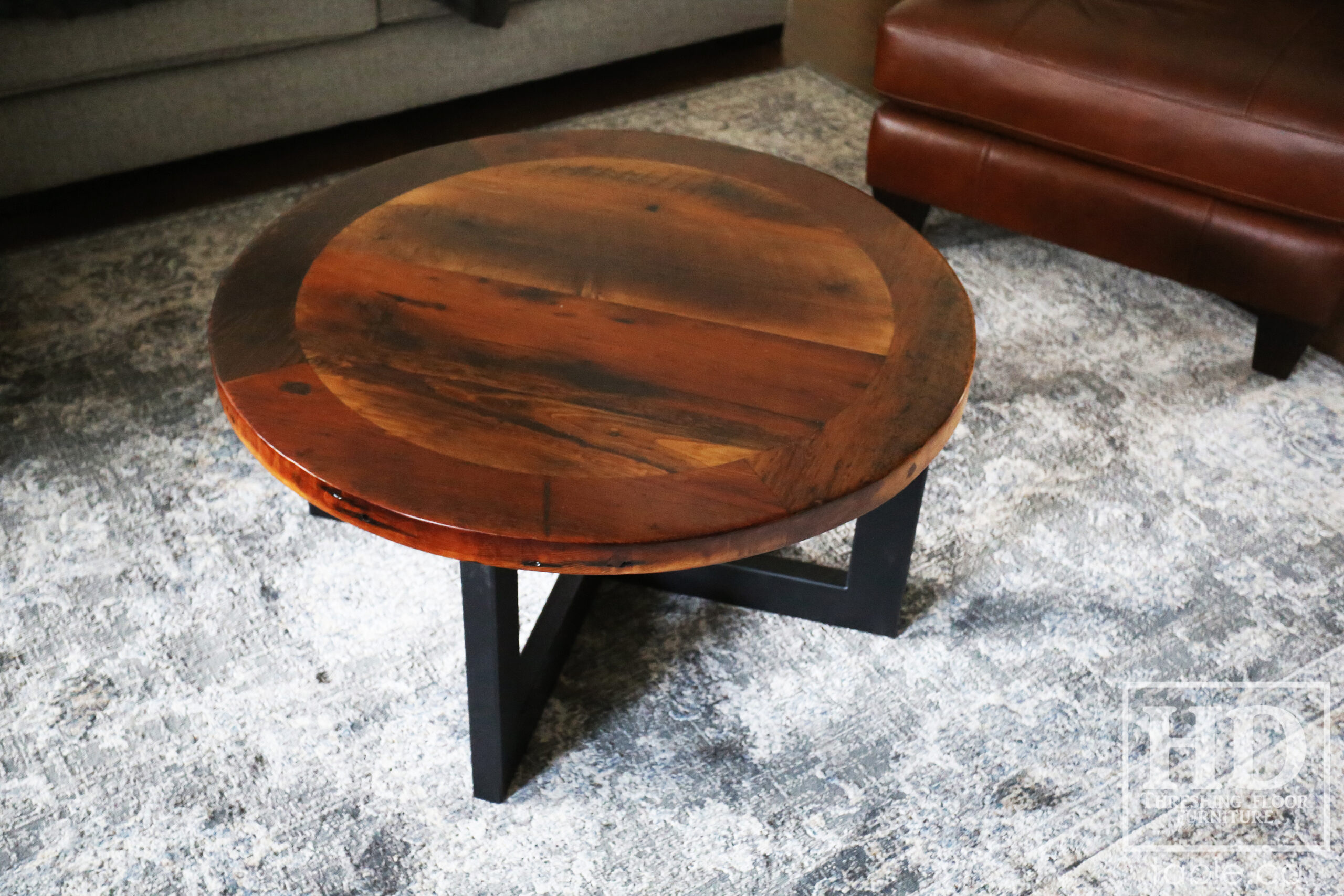 Ontario Barnwood Coffee Table - Reclaimed Hemlock Threshing Floor 2" Top - Premium epoxy/polyurethane finish - Original distressing maintained - U Shaped Metal Base 