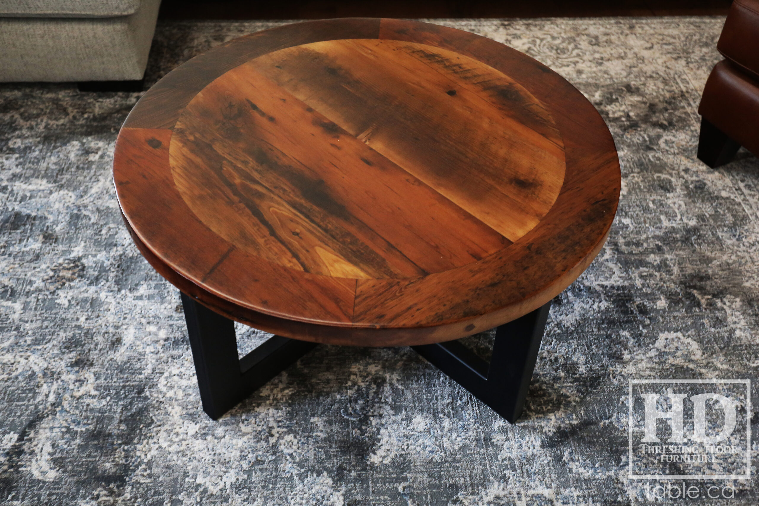 Ontario Barnwood Coffee Table - Reclaimed Hemlock Threshing Floor 2" Top - Premium epoxy/polyurethane finish - Original distressing maintained - U Shaped Metal Base 