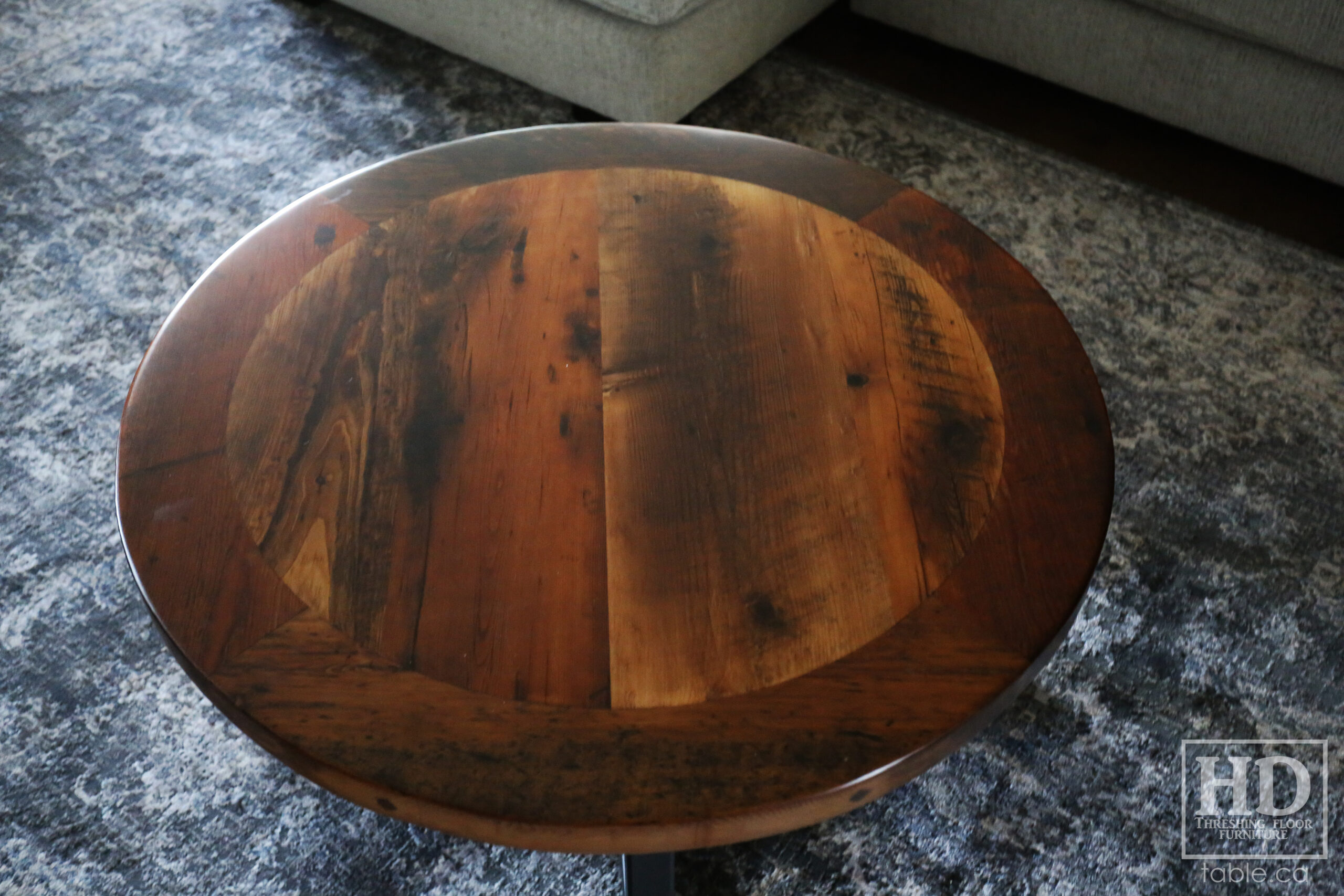 Ontario Barnwood Coffee Table - Reclaimed Hemlock Threshing Floor 2" Top - Premium epoxy/polyurethane finish - Original distressing maintained - U Shaped Metal Base 