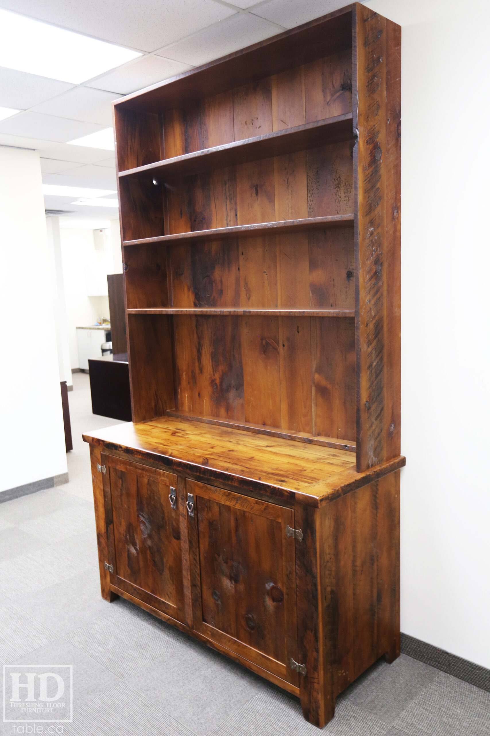 8.5' Height Ontario Barnwood Hutch we made for a Burlington, Ontario Office - 60" wide - Shelving Top / 2 Bottom Doors - Mission Cast Brass Lee Valley Hardware - Hemlock Threshing Floor & Grainery Board Construction - Original edges & distressing maintained - Premium epoxy + matte polyurethane finish / www.table.ca