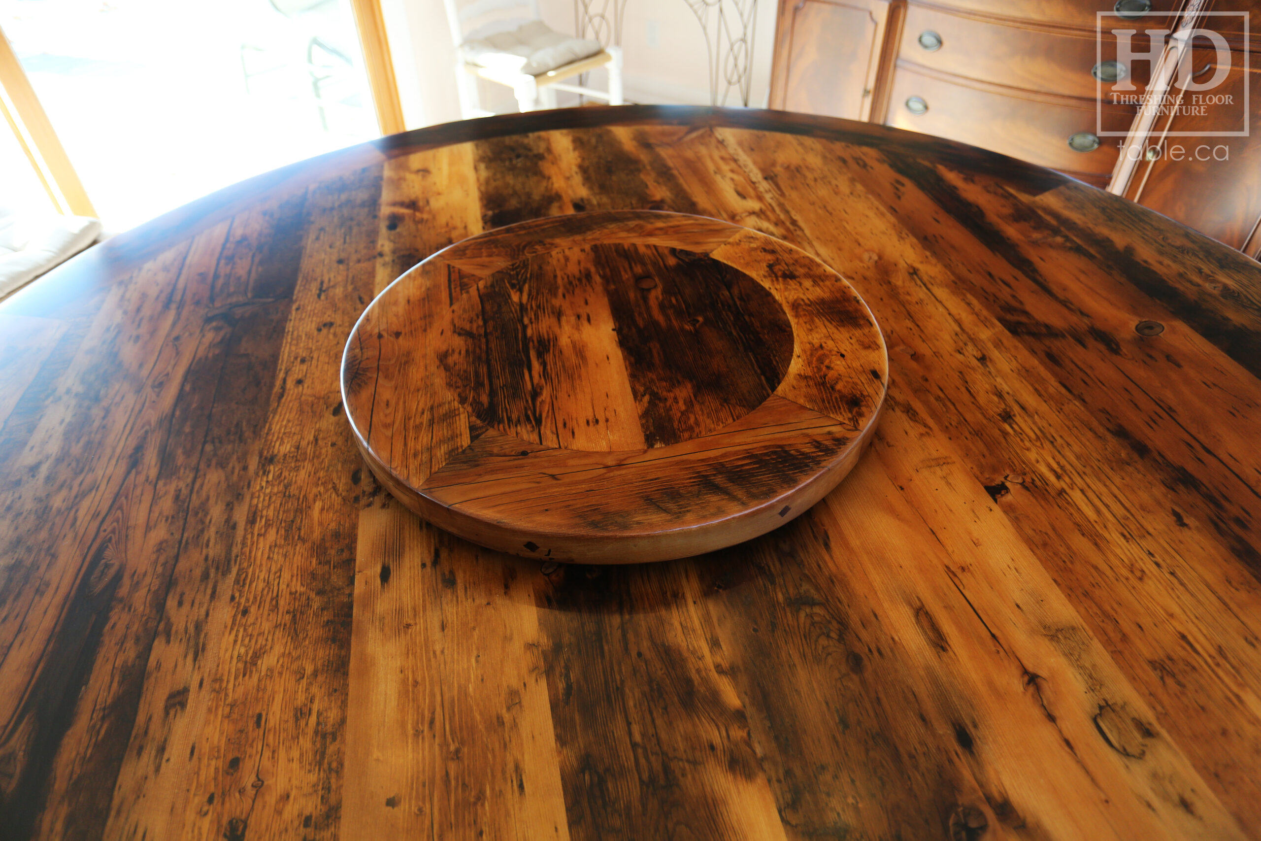 72" Recaimed Ontario Barnwood Round we made for a Campbellcroft, Ontario Home - Curved Profile Pedestal Option Base - Hemlock Threshing Floor Construction - Original edges & distressing maintained - Premium epoxy + satin polyurethane finish / [Matching] 24" Round Lazy Susan - www.table.ca