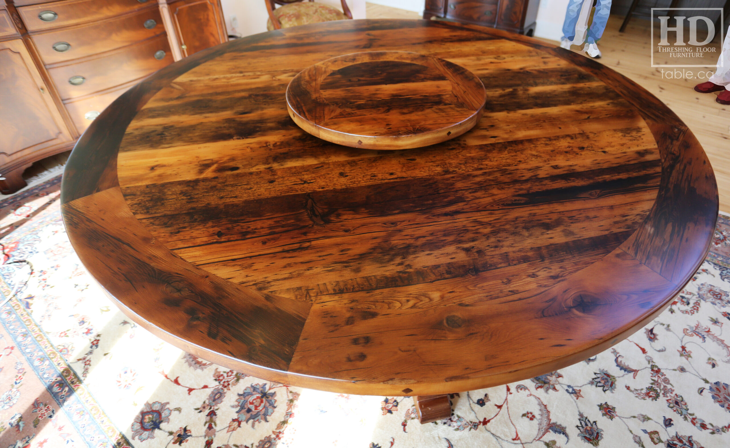 72" Recaimed Ontario Barnwood Round we made for a Campbellcroft, Ontario Home - Curved Profile Pedestal Option Base - Hemlock Threshing Floor Construction - Original edges & distressing maintained - Premium epoxy + satin polyurethane finish / [Matching] 24" Round Lazy Susan - www.table.ca