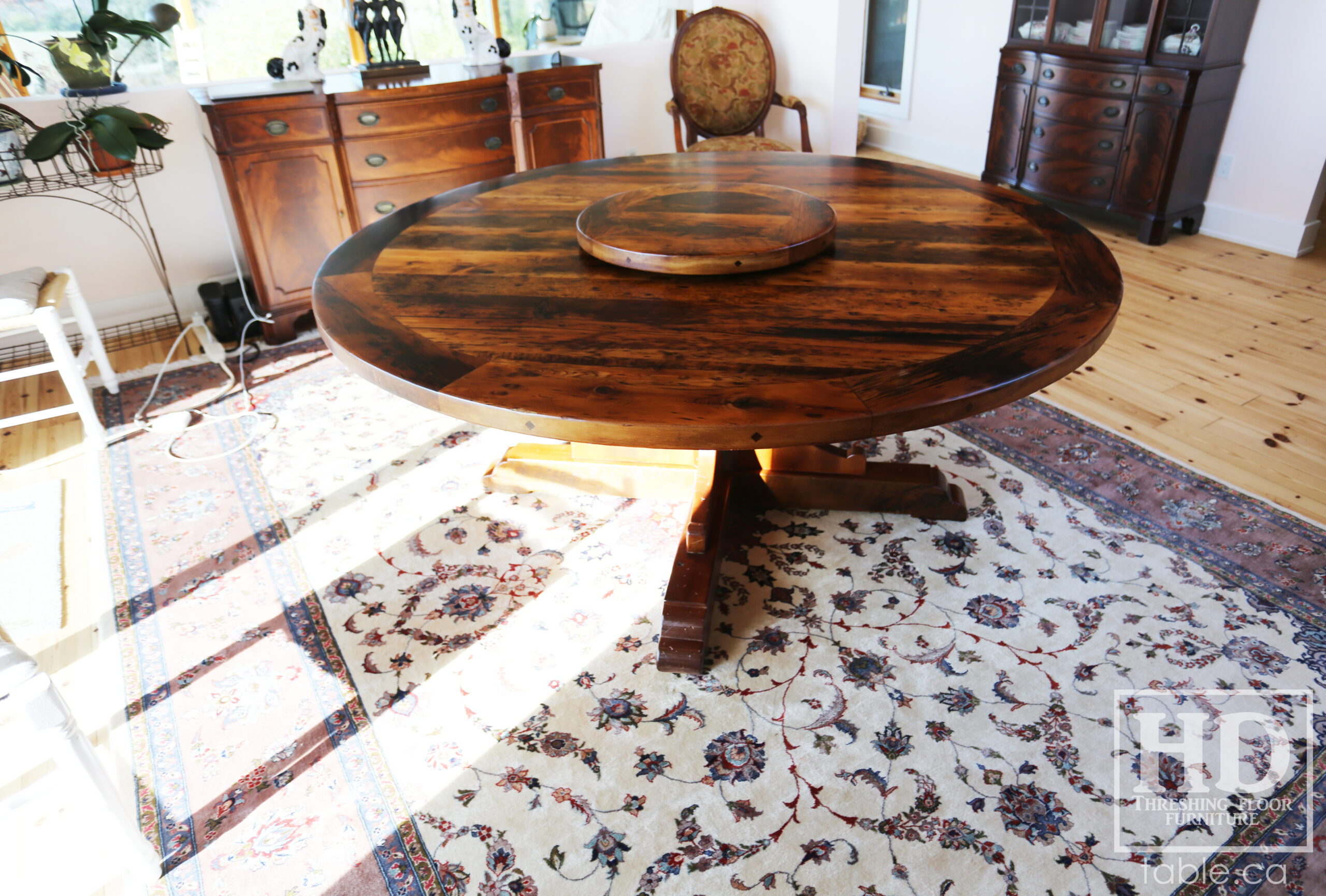 72" Recaimed Ontario Barnwood Round we made for a Campbellcroft, Ontario Home - Curved Profile Pedestal Option Base - Hemlock Threshing Floor Construction - Original edges & distressing maintained - Premium epoxy + satin polyurethane finish / [Matching] 24" Round Lazy Susan - www.table.ca