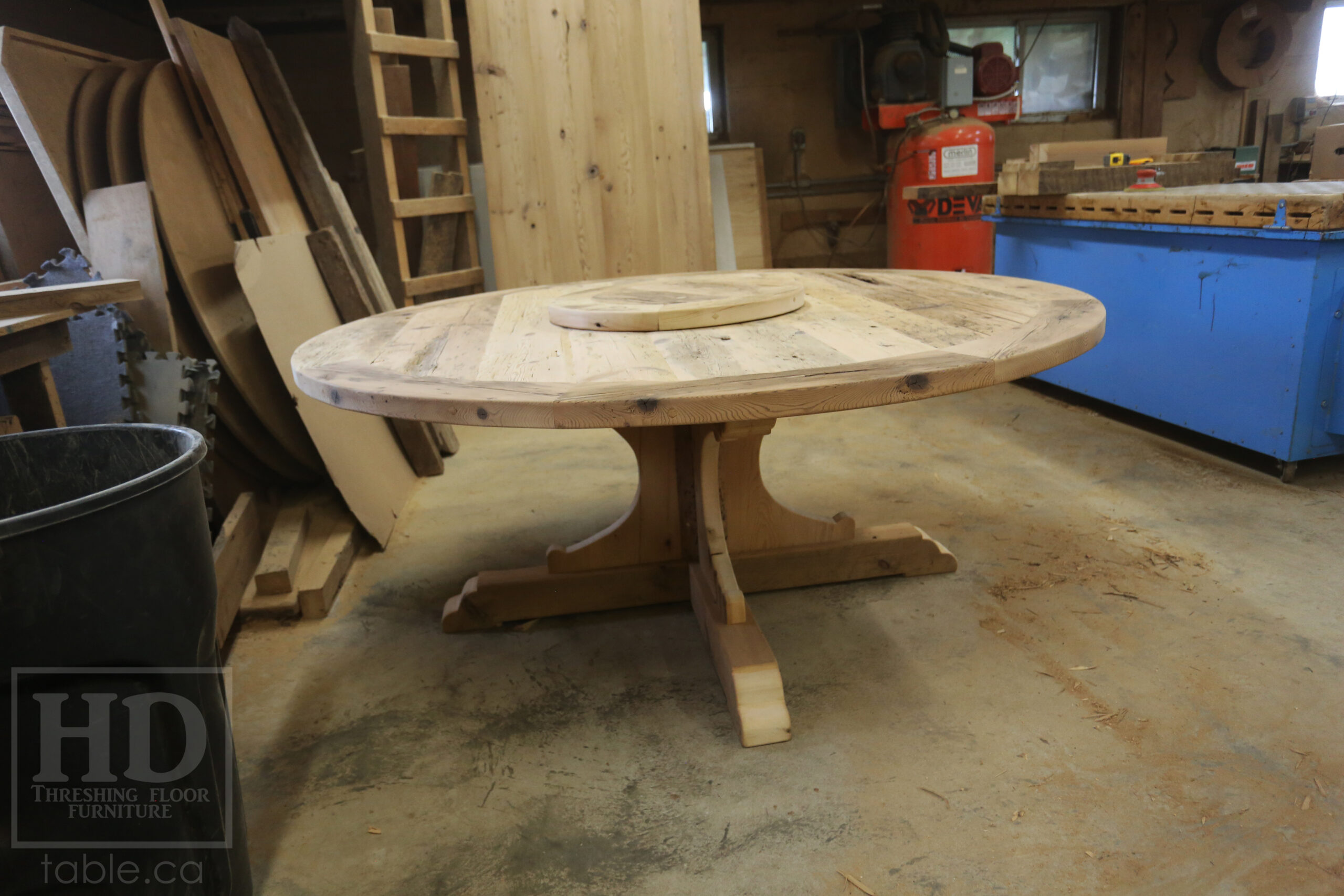 72" Recaimed Ontario Barnwood Round we made for a Campbellcroft, Ontario Home - Curved Profile Pedestal Option Base - Hemlock Threshing Floor Construction - Original edges & distressing maintained - Premium epoxy + satin polyurethane finish / [Matching] 24" Round Lazy Susan - www.table.ca